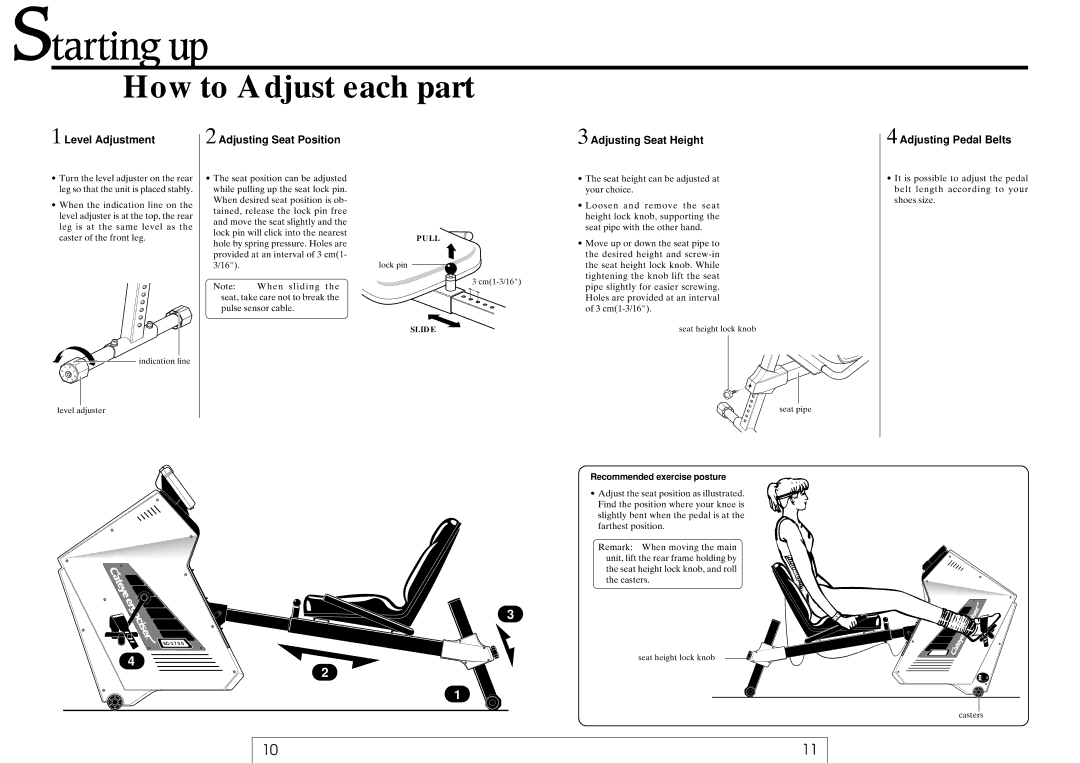 Cateye EC-37OO How to Adjust each part, Level Adjustment, Adjusting Seat Position, Adjusting Seat Height 