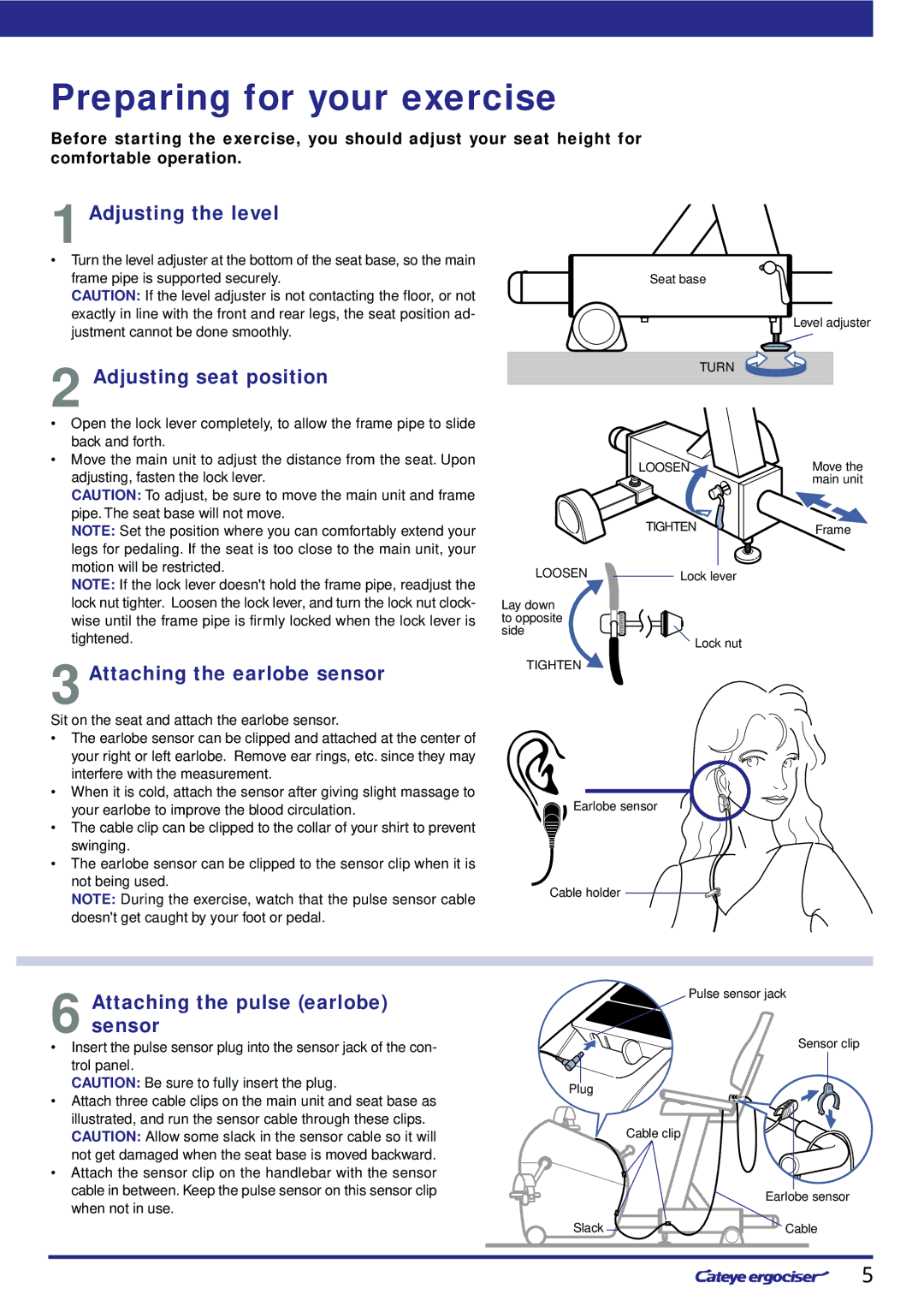 Cateye EC-8OOOU Preparing for your exercise, 1Adjusting the level, 2Adjusting seat position, 3Attaching the earlobe sensor 