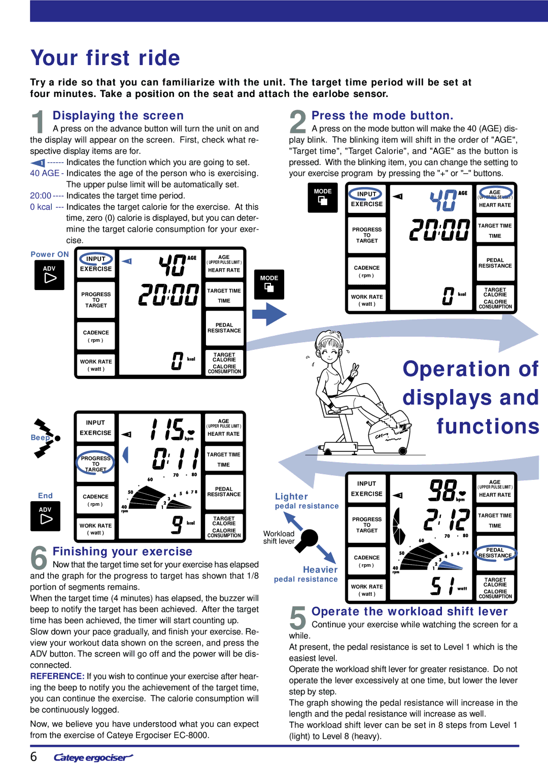 Cateye EC-8OOOU instruction manual Your first ride, Operation of displays and functions 