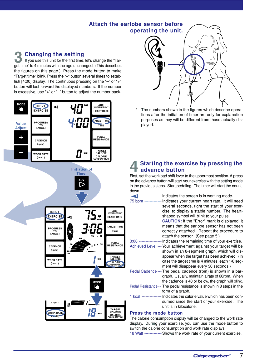 Cateye EC-8OOOU instruction manual 4Starting the exercise by pressing the advance button, Press the mode button 