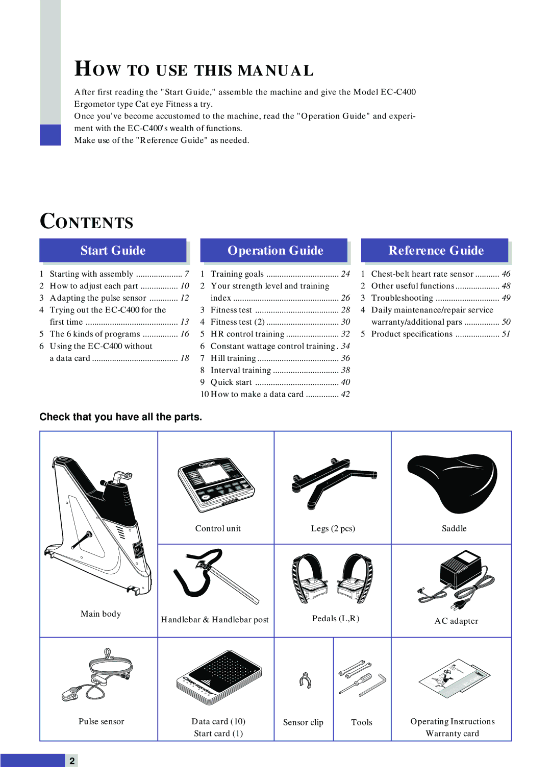 Cateye EC-C400 instruction manual HOW to USE this Manual, Contents 