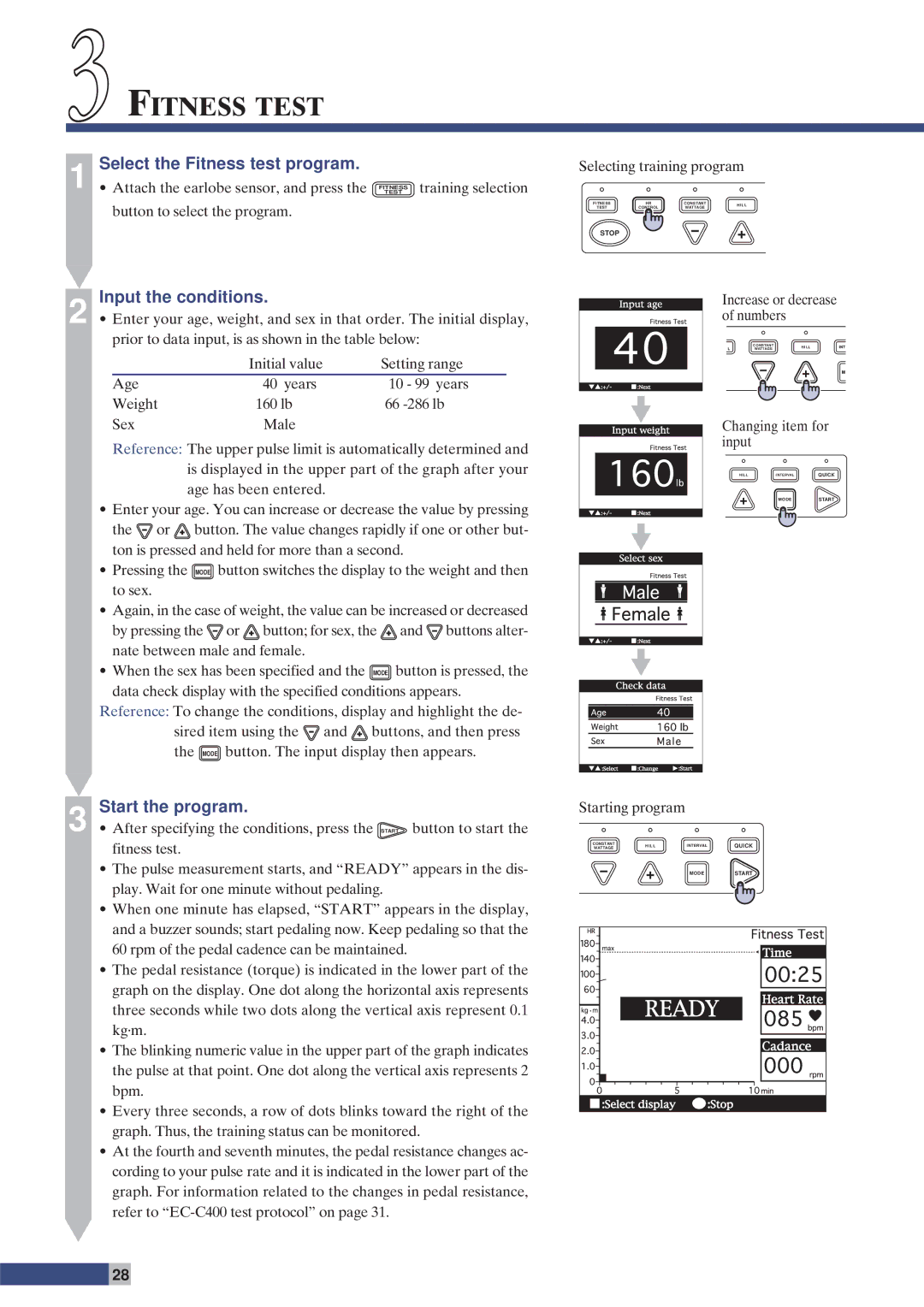 Cateye EC-C400 instruction manual 3FITNESS Test, Select the Fitness test program, Input the conditions, Start the program 