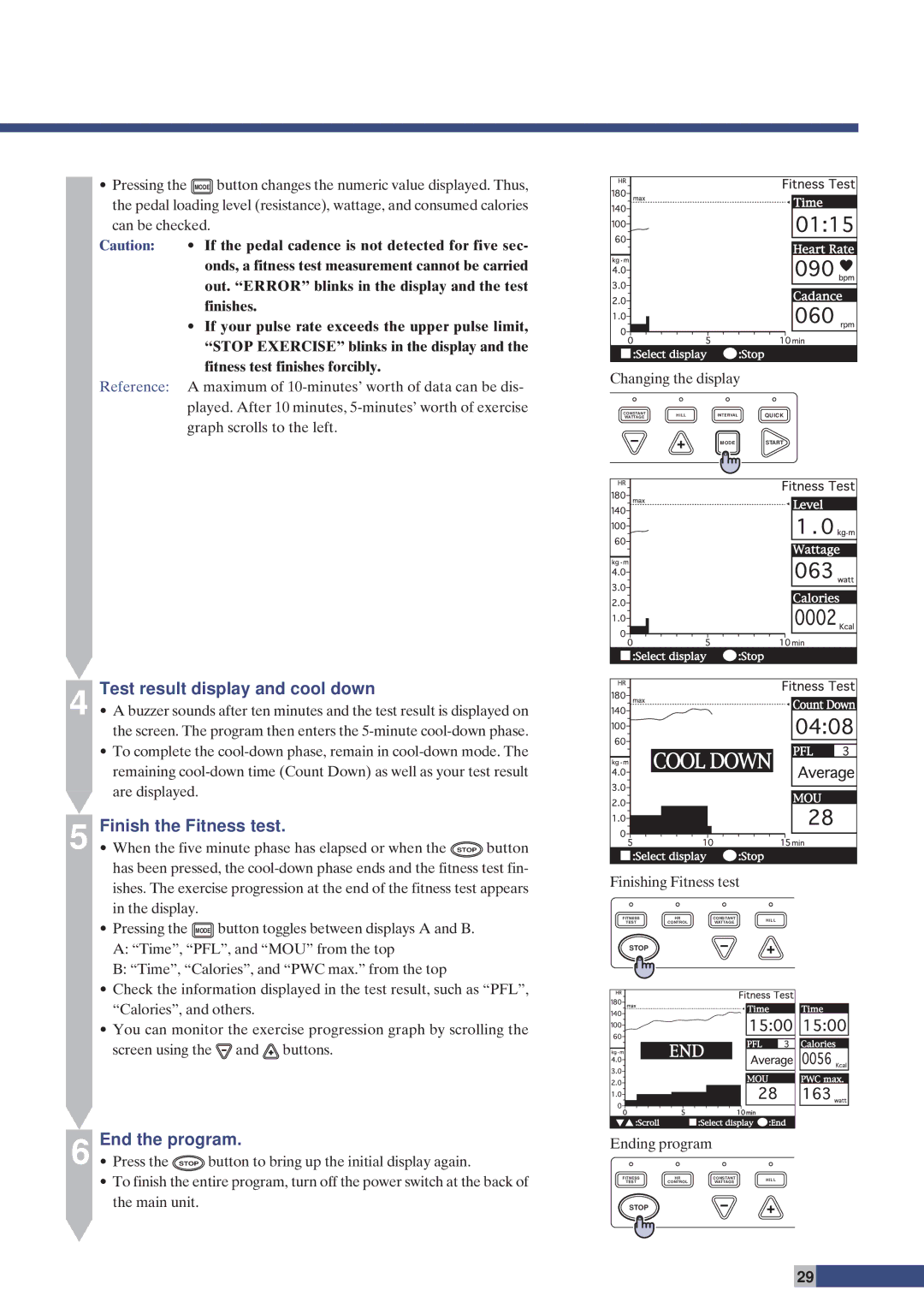 Cateye EC-C400 instruction manual Test result display and cool down, Finish the Fitness test, End the program 