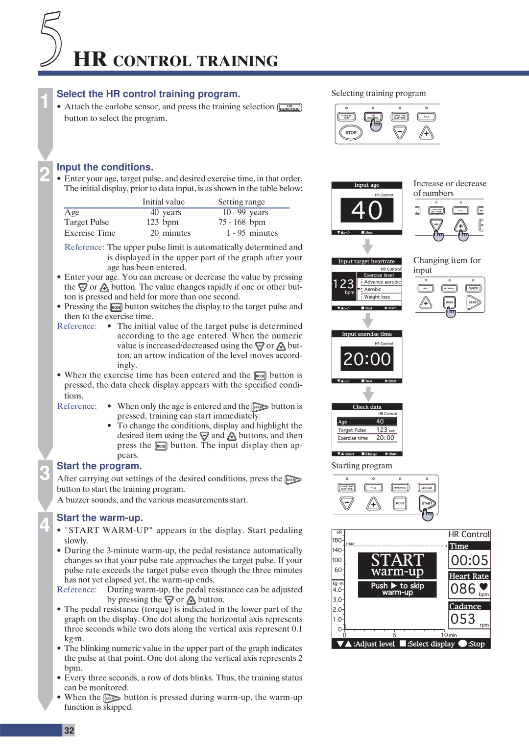 Cateye EC-C400 instruction manual 5HR Control Training, Select the HR control training program, Start the warm-up 