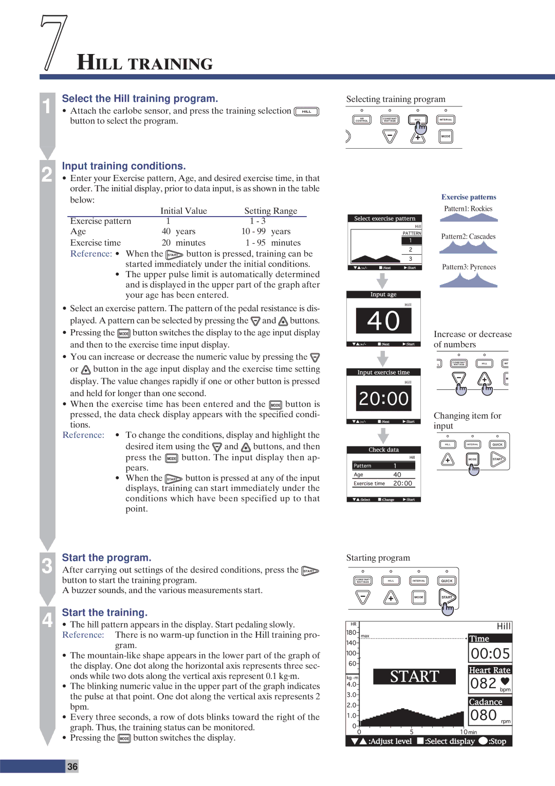 Cateye EC-C400 7HILL Training, Select the Hill training program, Input training conditions, Start the training 