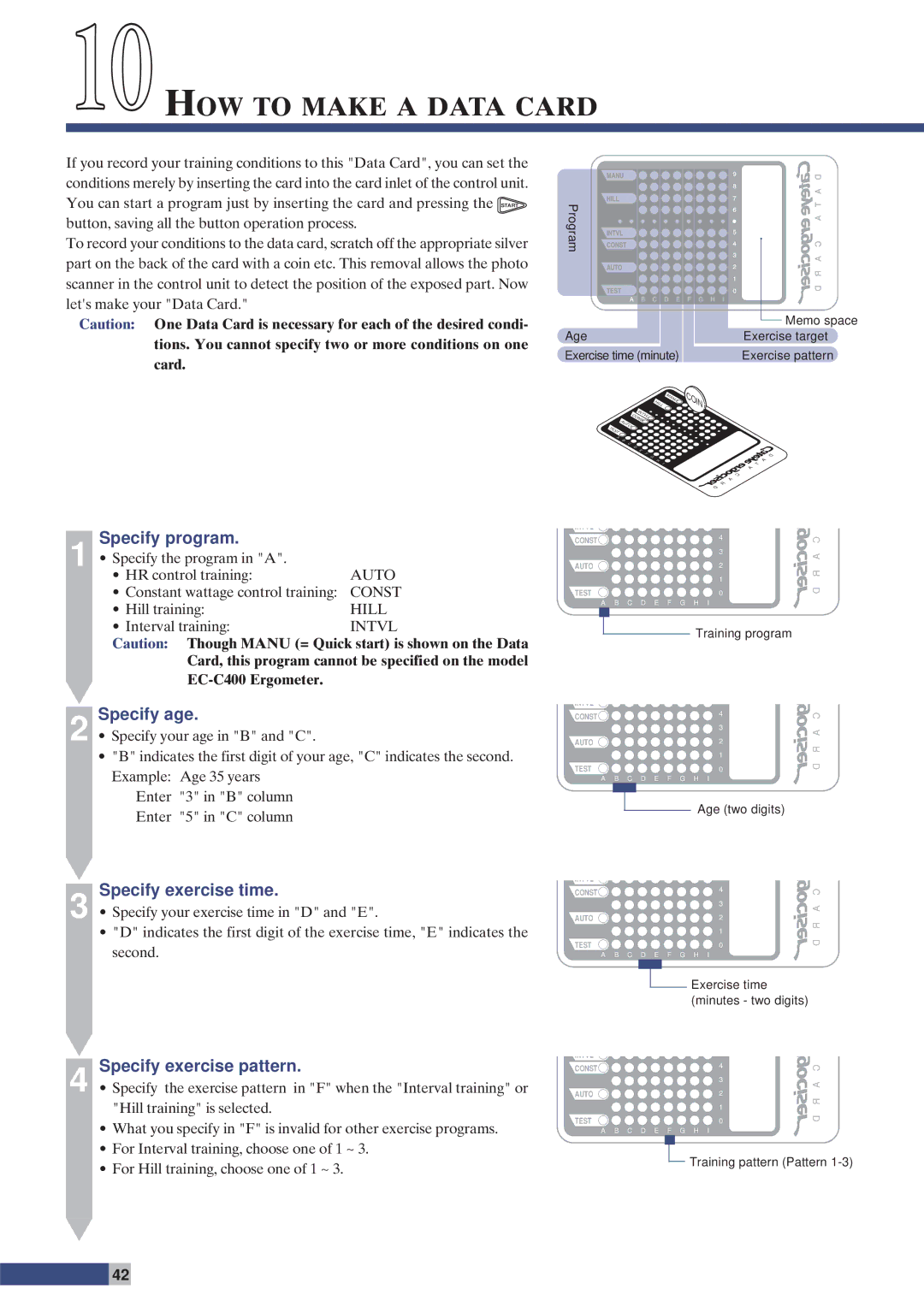 Cateye EC-C400 10HOW to Make a Data Card, Specify program, Specify age, Specify exercise time, Specify exercise pattern 