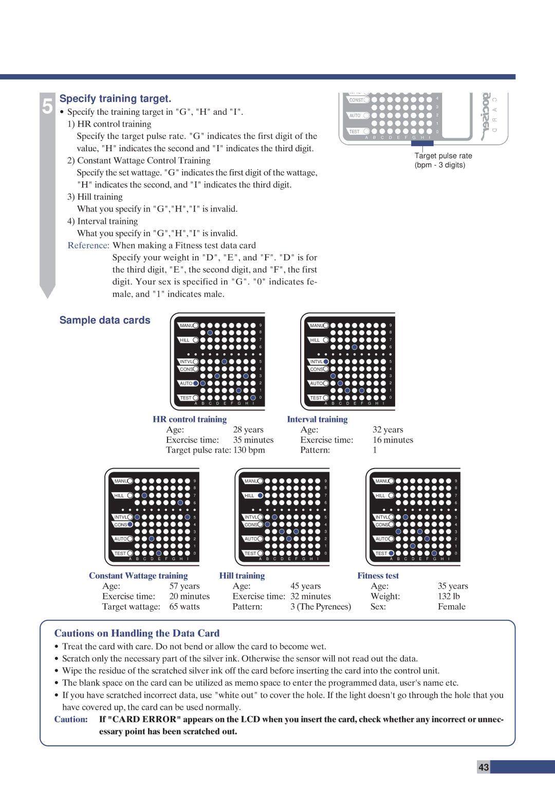 Cateye EC-C400 instruction manual Specify training target, Sample data cards 