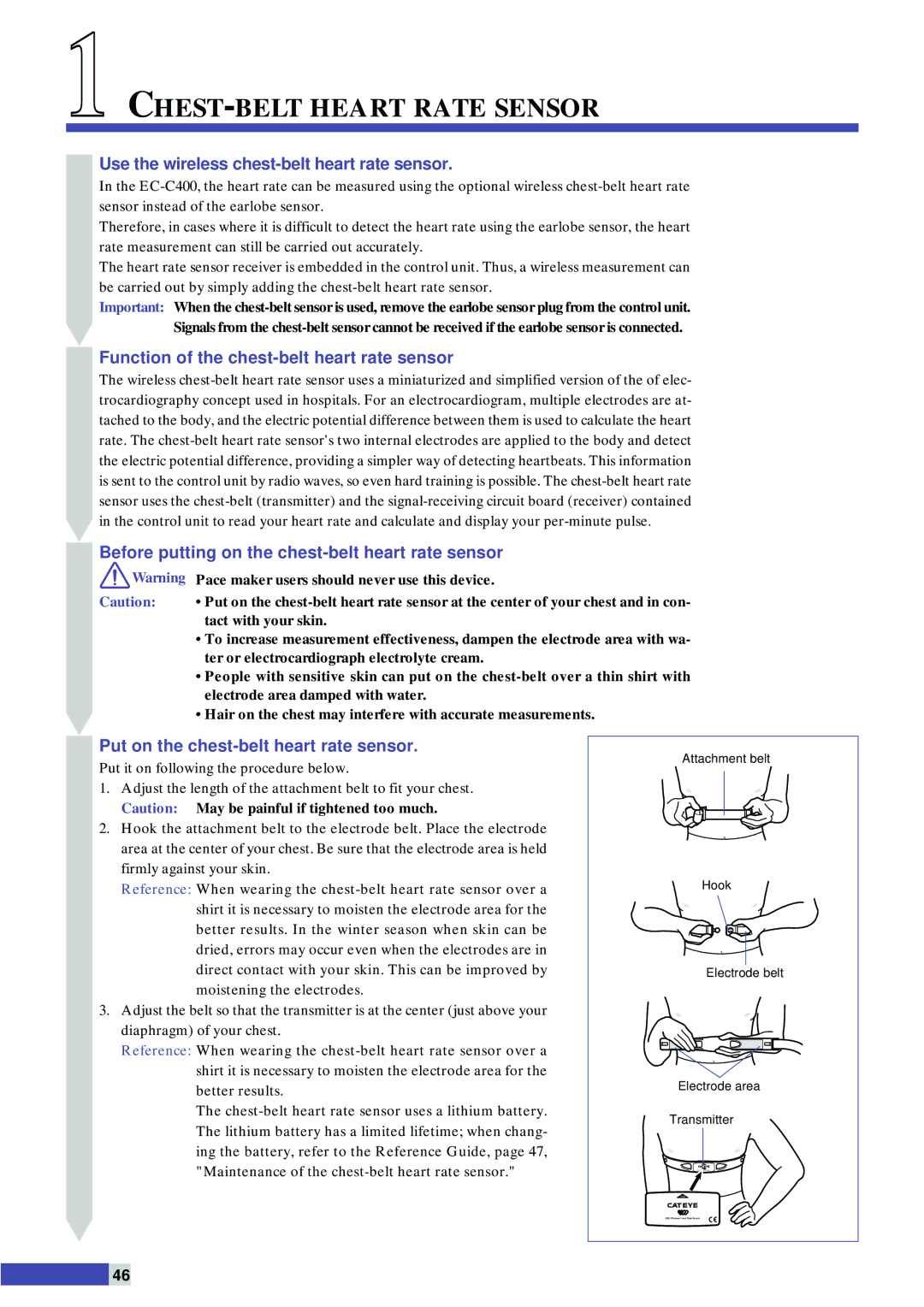 Cateye EC-C400 instruction manual CHEST-BELT Heart Rate Sensor, Use the wireless chest-belt heart rate sensor 