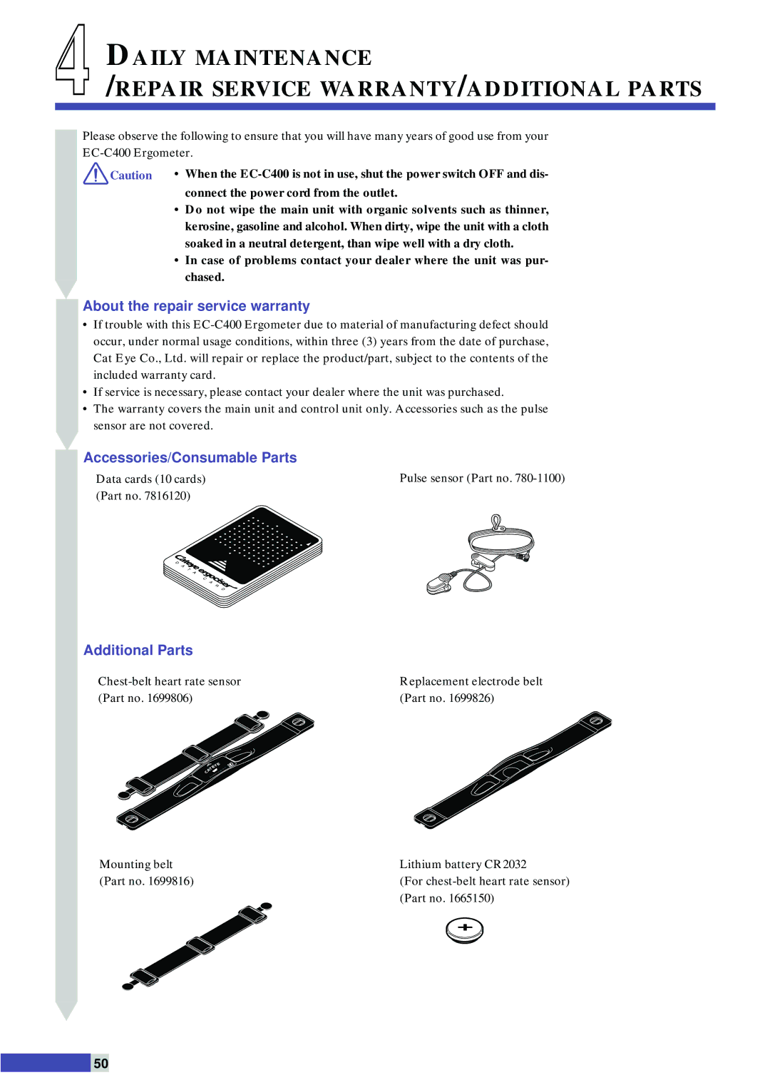 Cateye EC-C400 Daily Maintenance Repair Service WARRANTY/ADDITIONAL Parts, About the repair service warranty 