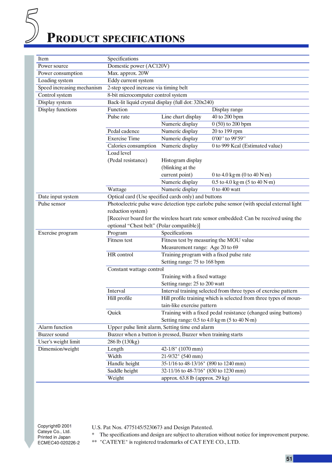 Cateye EC-C400 instruction manual Product Specifications 