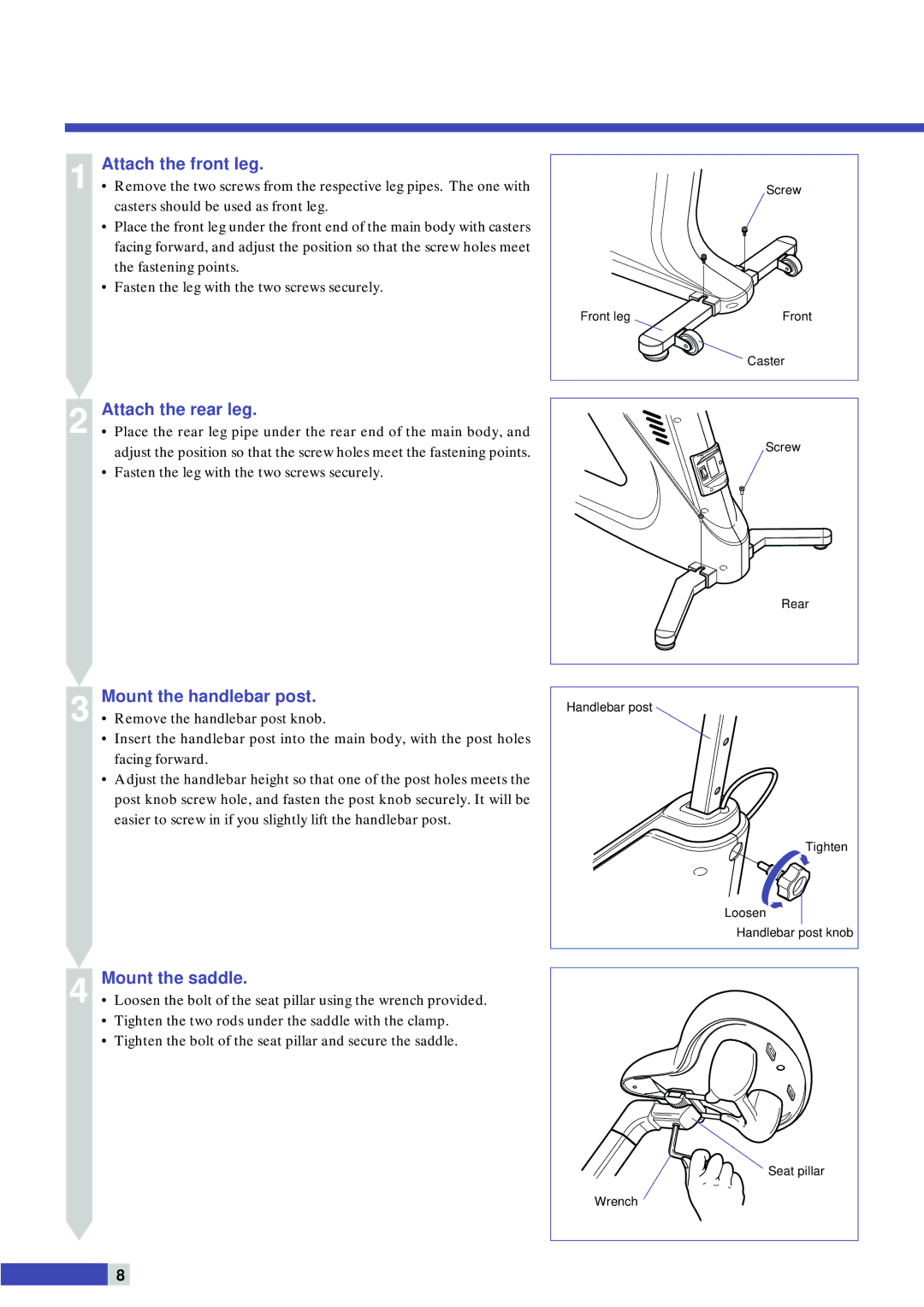 Cateye EC-C400 instruction manual Attach the front leg, Attach the rear leg, Mount the handlebar post, Mount the saddle 