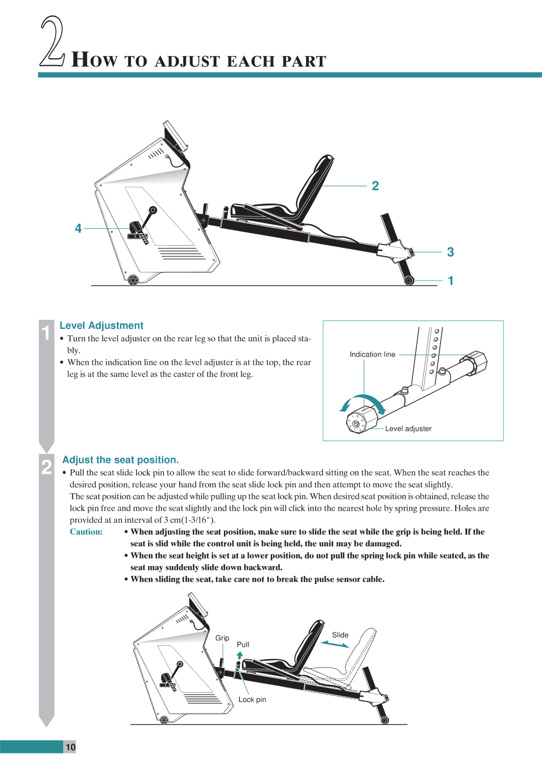 Cateye EC-C400R instruction manual 2HOW to Adjust Each Part, Level Adjustment, Adjust the seat position 