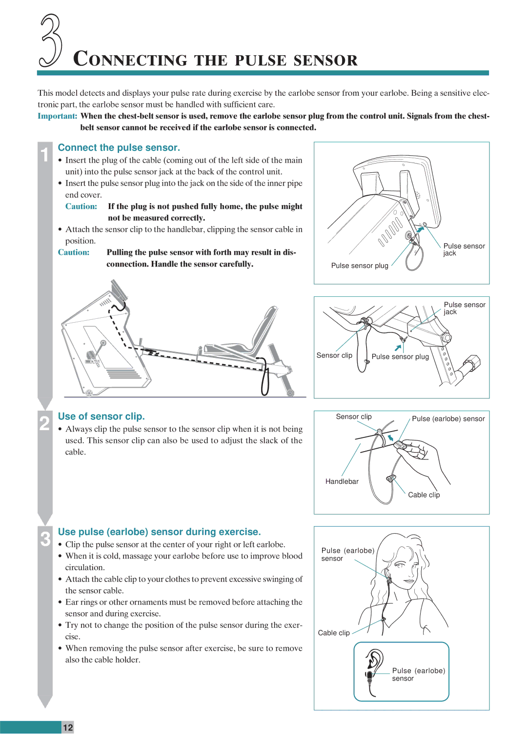 Cateye EC-C400R instruction manual Connecting the Pulse Sensor, Connect the pulse sensor, Use of sensor clip 