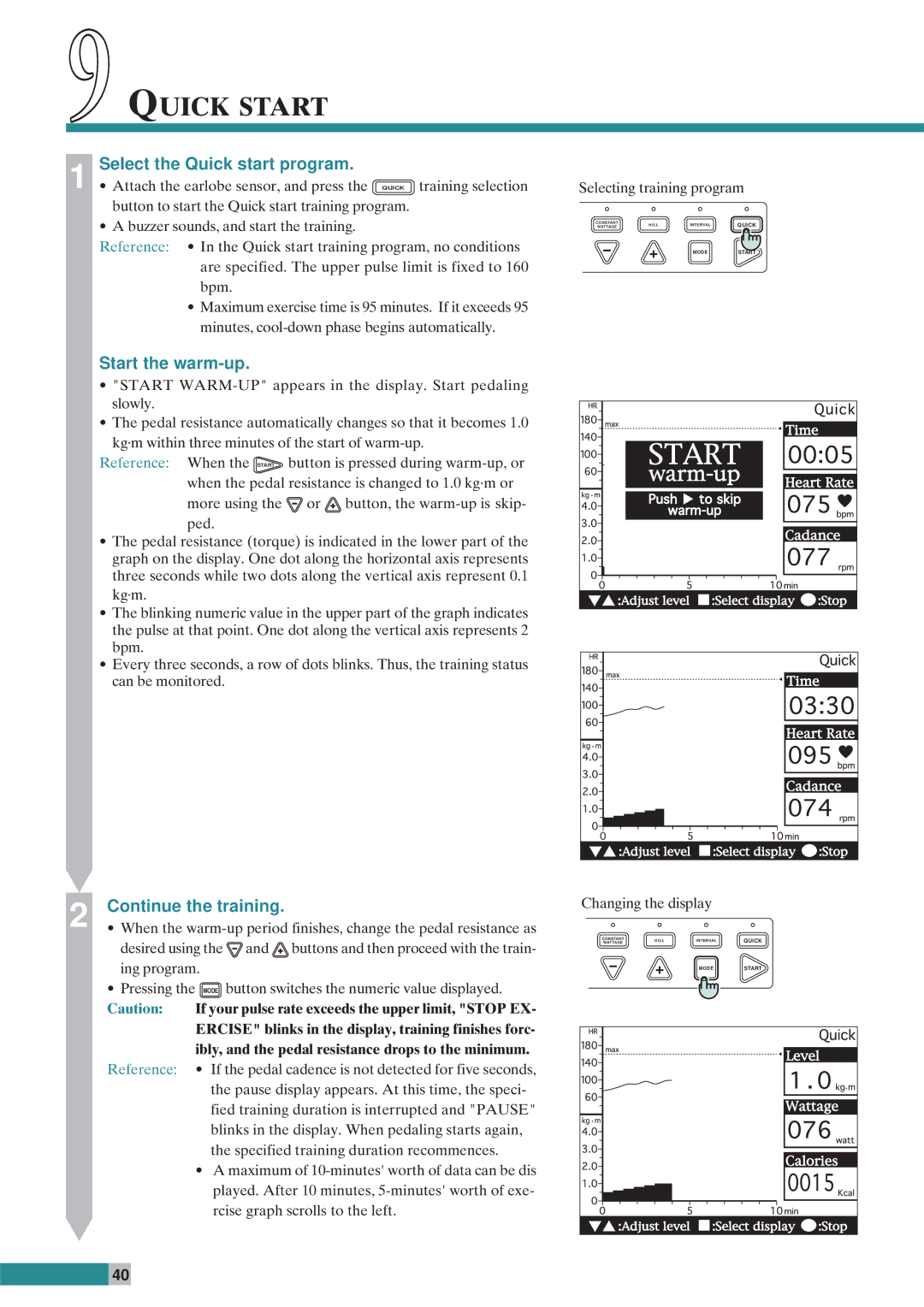 Cateye EC-C400R instruction manual 9QUICK Start, Select the Quick start program 