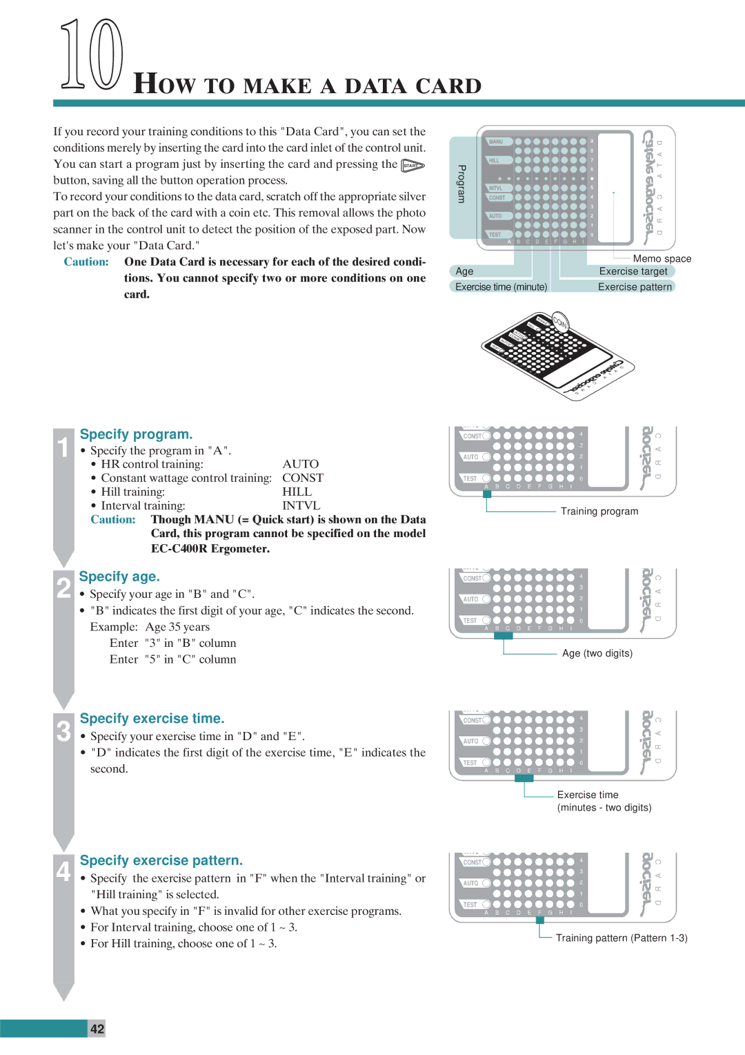 Cateye EC-C400R 10HOW to Make a Data Card, Specify program, Specify age, Specify exercise time, Specify exercise pattern 