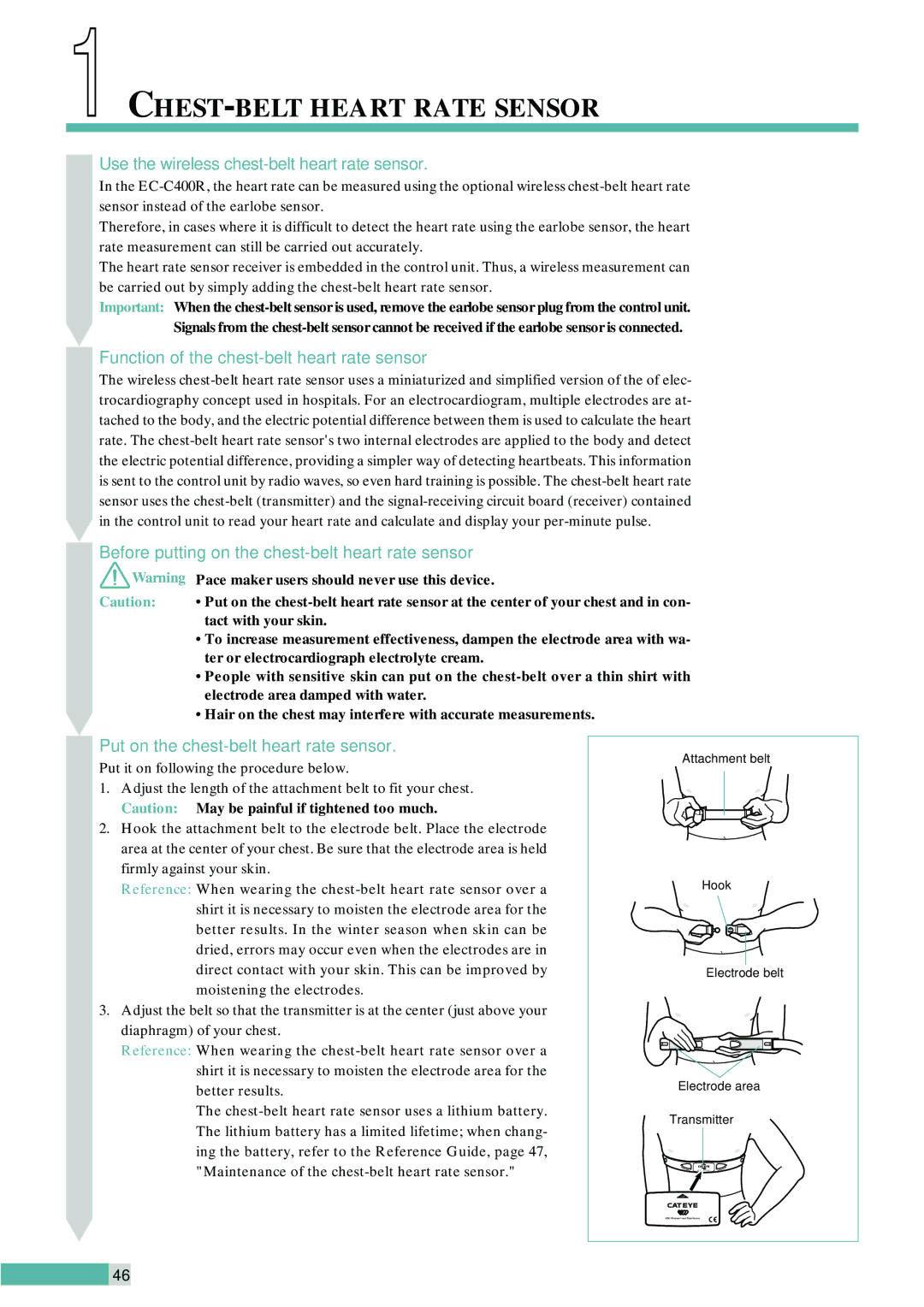 Cateye EC-C400R instruction manual CHEST-BELT Heart Rate Sensor, Use the wireless chest-belt heart rate sensor 