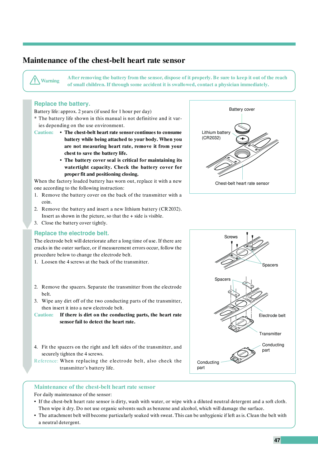 Cateye EC-C400R instruction manual Maintenance of the chest-belt heart rate sensor 