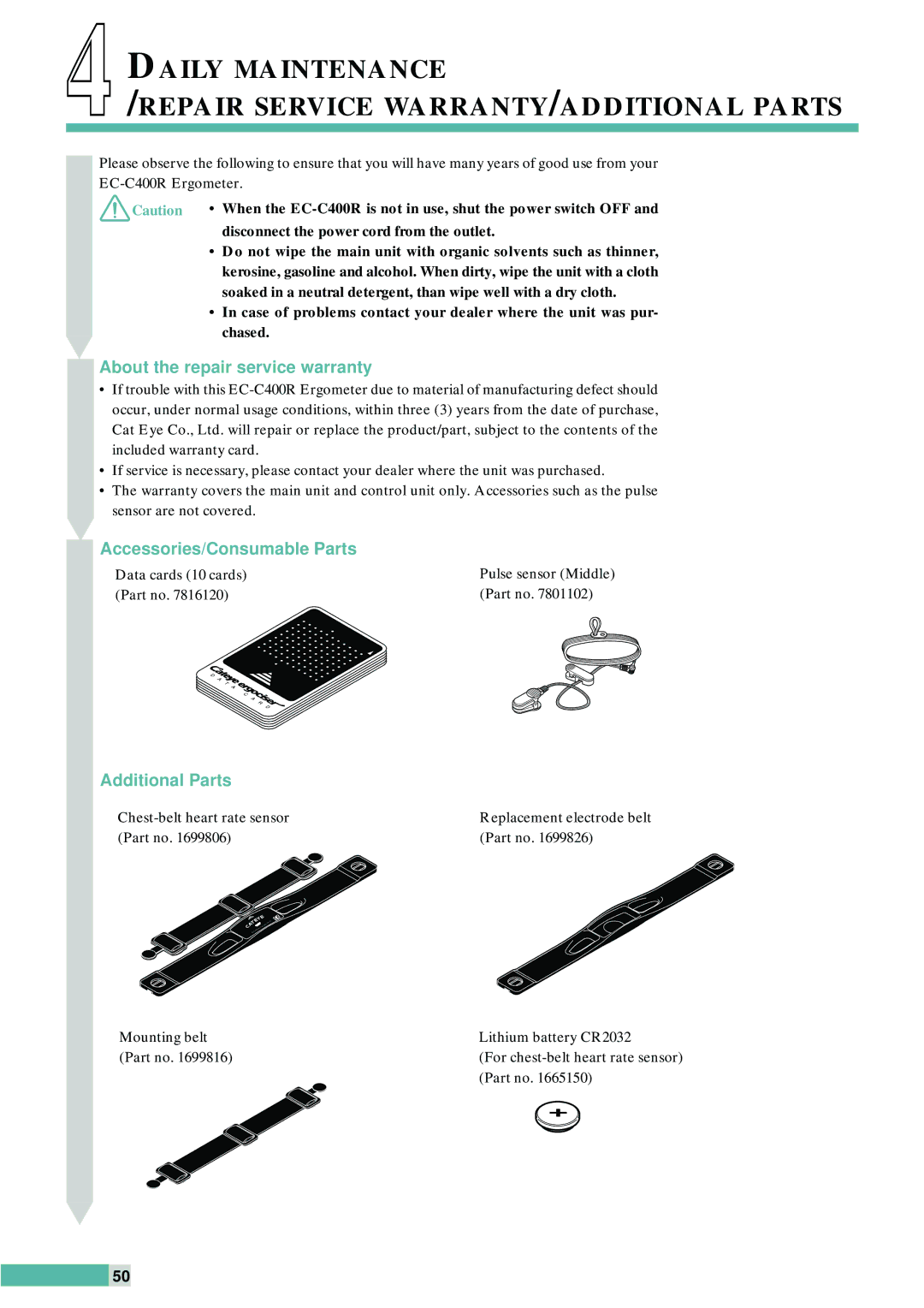 Cateye EC-C400R Daily Maintenance Repair Service WARRANTY/ADDITIONAL Parts, About the repair service warranty 