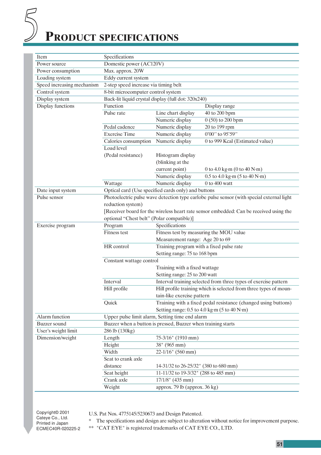 Cateye EC-C400R instruction manual Product Specifications 