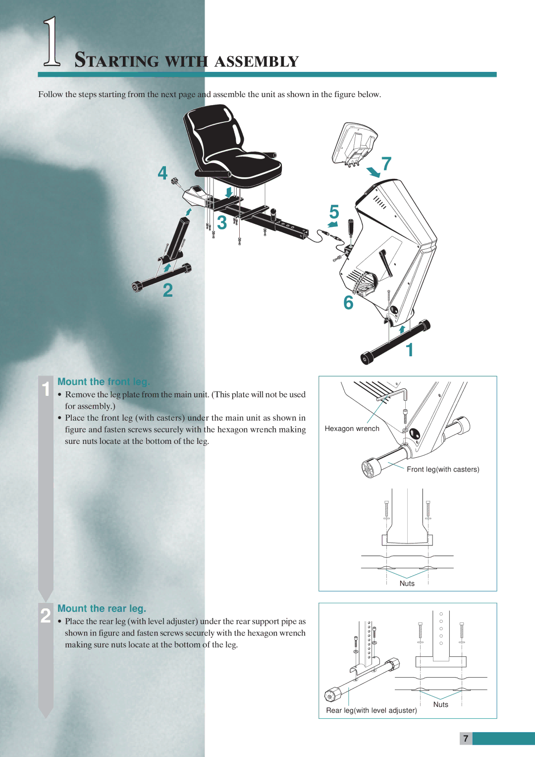 Cateye EC-C400R instruction manual Starting with Assembly, Mount the front leg, Mount the rear leg 