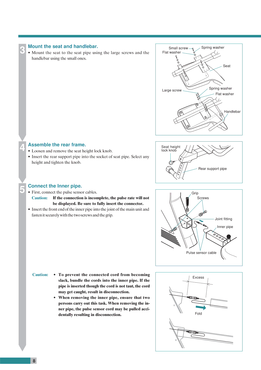 Cateye EC-C400R instruction manual Mount the seat and handlebar, Assemble the rear frame, Connect the Inner pipe 