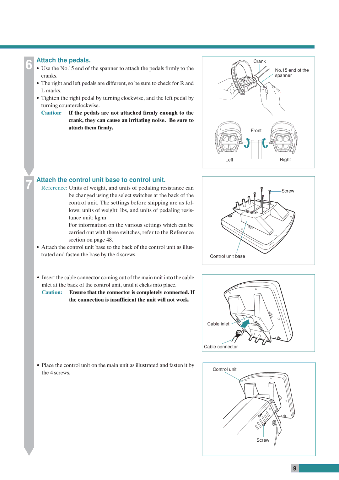 Cateye EC-C400R instruction manual Attach the pedals, Attach the control unit base to control unit 