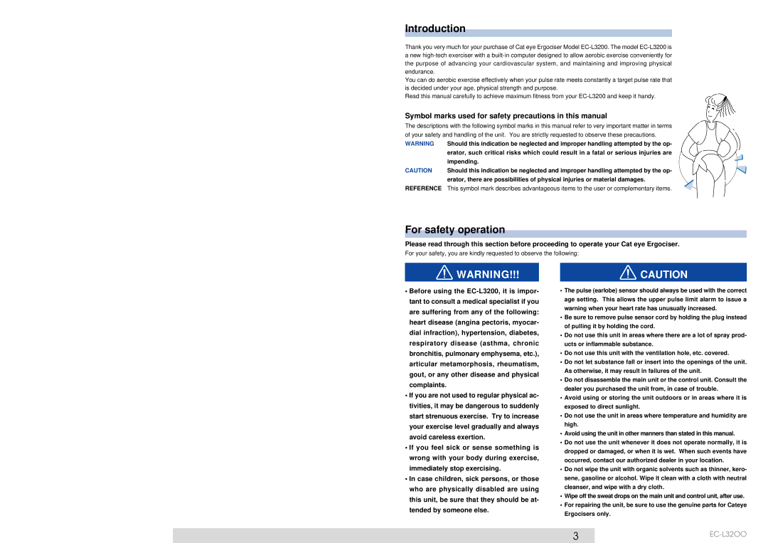 Cateye EC-L32OO Introduction, For safety operation, Symbol marks used for safety precautions in this manual 