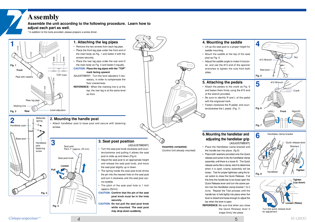 Cateye EC-L32OO Assembly, Attaching the leg pipes Mounting the saddle, Attaching the pedals, Mounting the handle post 