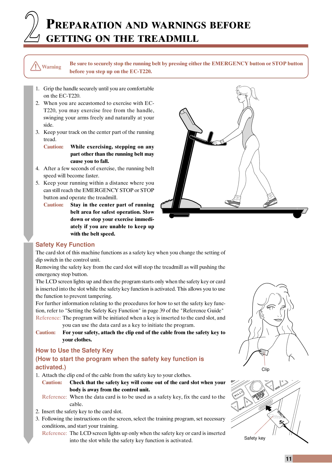 Cateye EC-T220 instruction manual Preparation and Warnings Before Getting on the Treadmill, Safety Key Function 