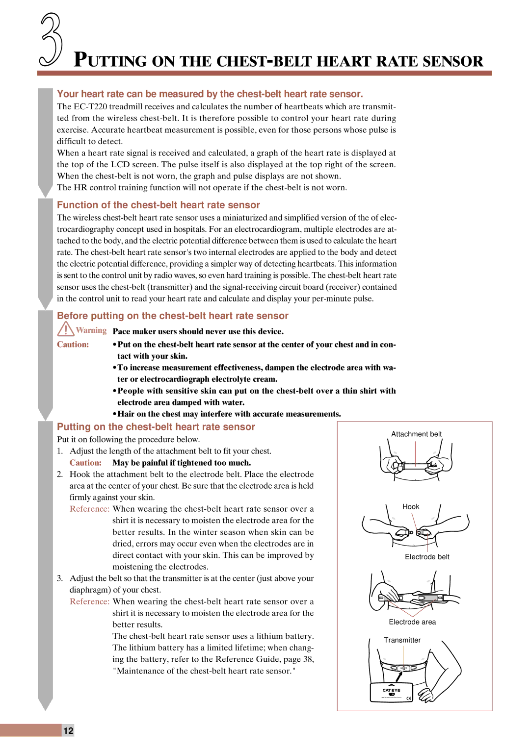 Cateye EC-T220 instruction manual Putting on the CHEST-BELT Heart Rate Sensor, Function of the chest-belt heart rate sensor 