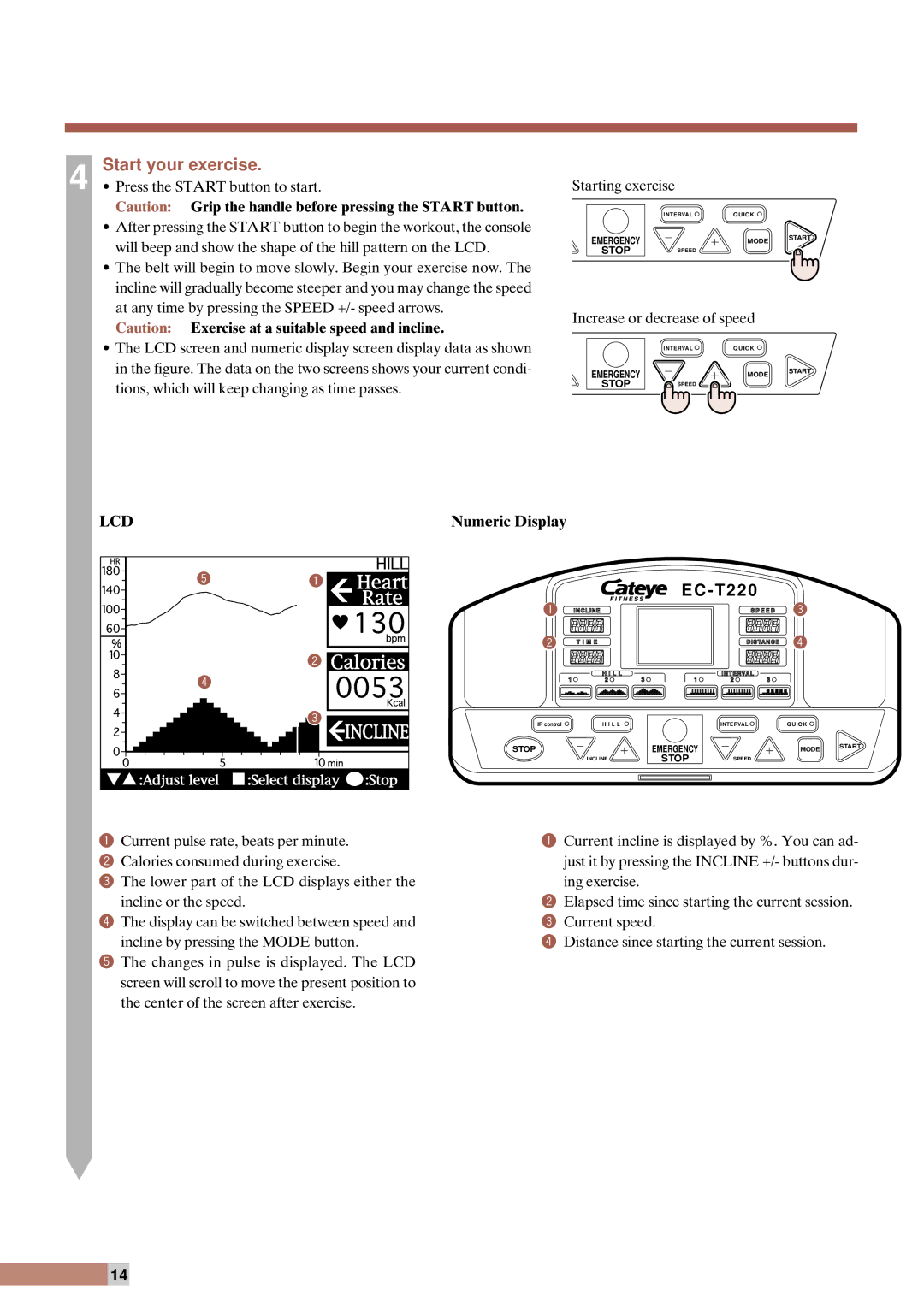 Cateye EC-T220 instruction manual Start your exercise, Grip the handle before pressing the Start button, Numeric Display 