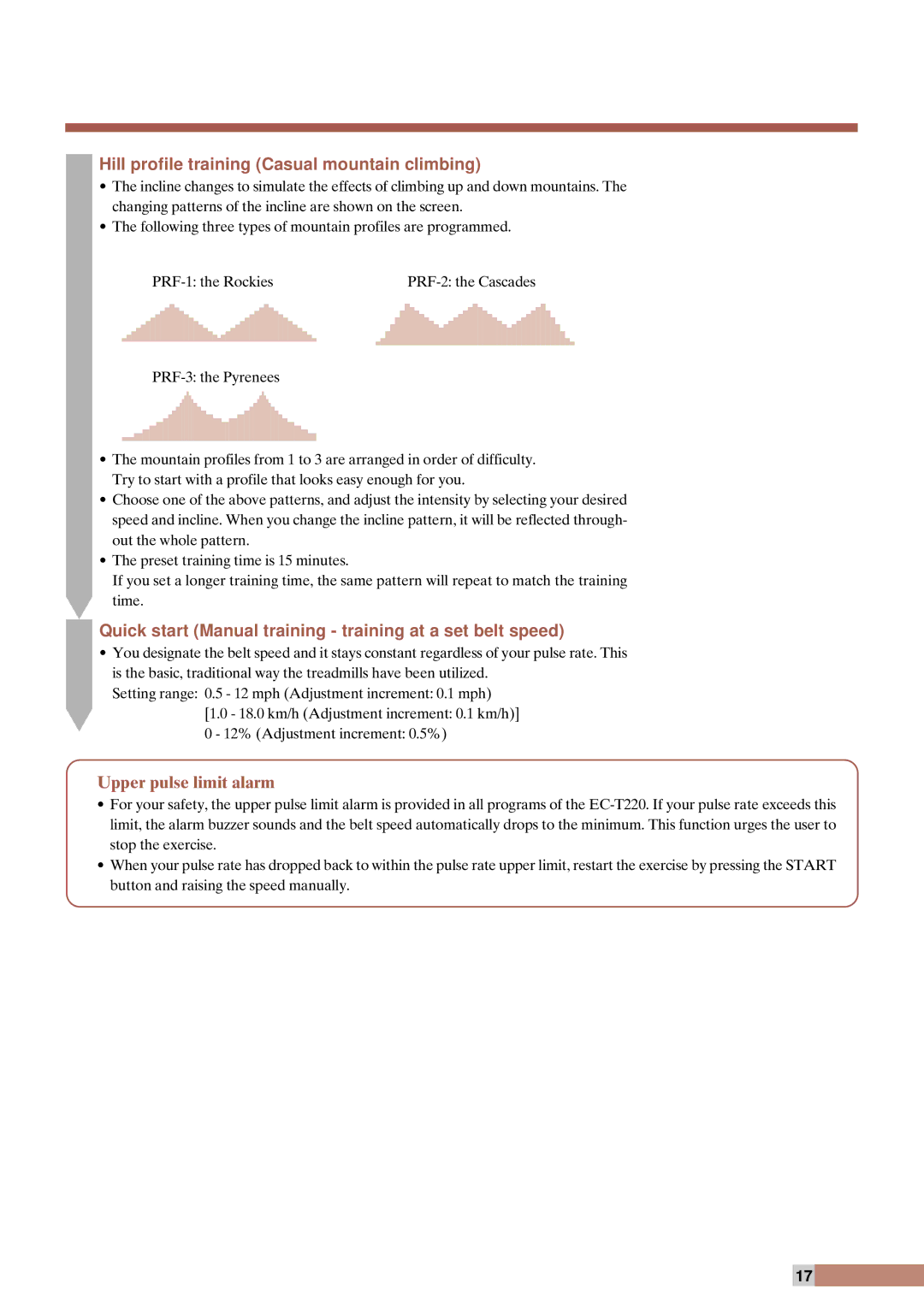 Cateye EC-T220 Hill profile training Casual mountain climbing, Quick start Manual training training at a set belt speed 
