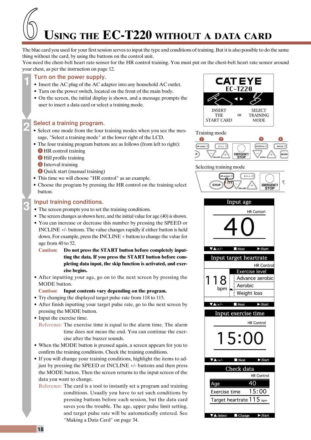 Cateye instruction manual Using the EC-T220WITHOUT a Data Card, Turn on the power supply, Select a training program 