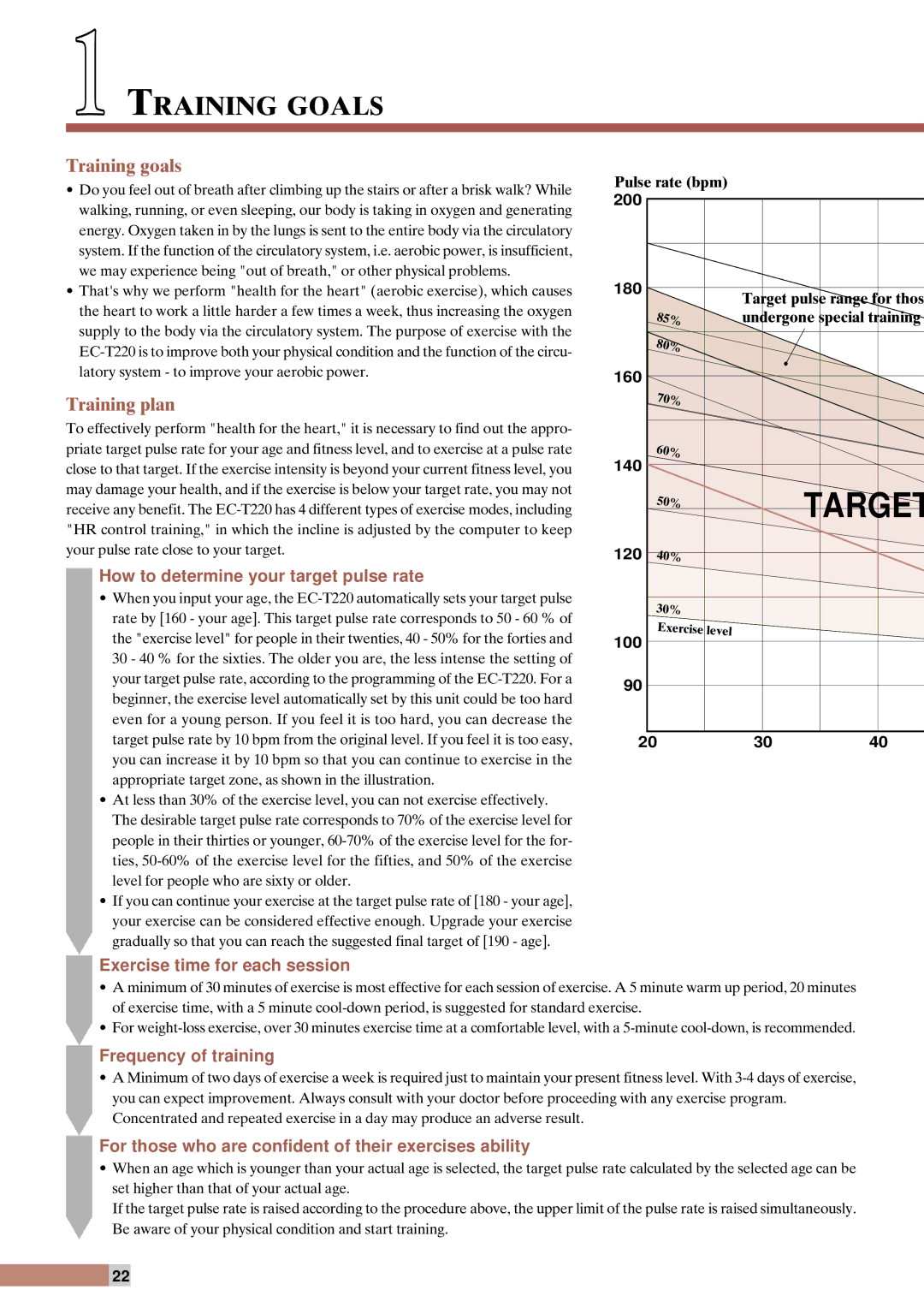 Cateye EC-T220 instruction manual Training Goals, How to determine your target pulse rate, Exercise time for each session 