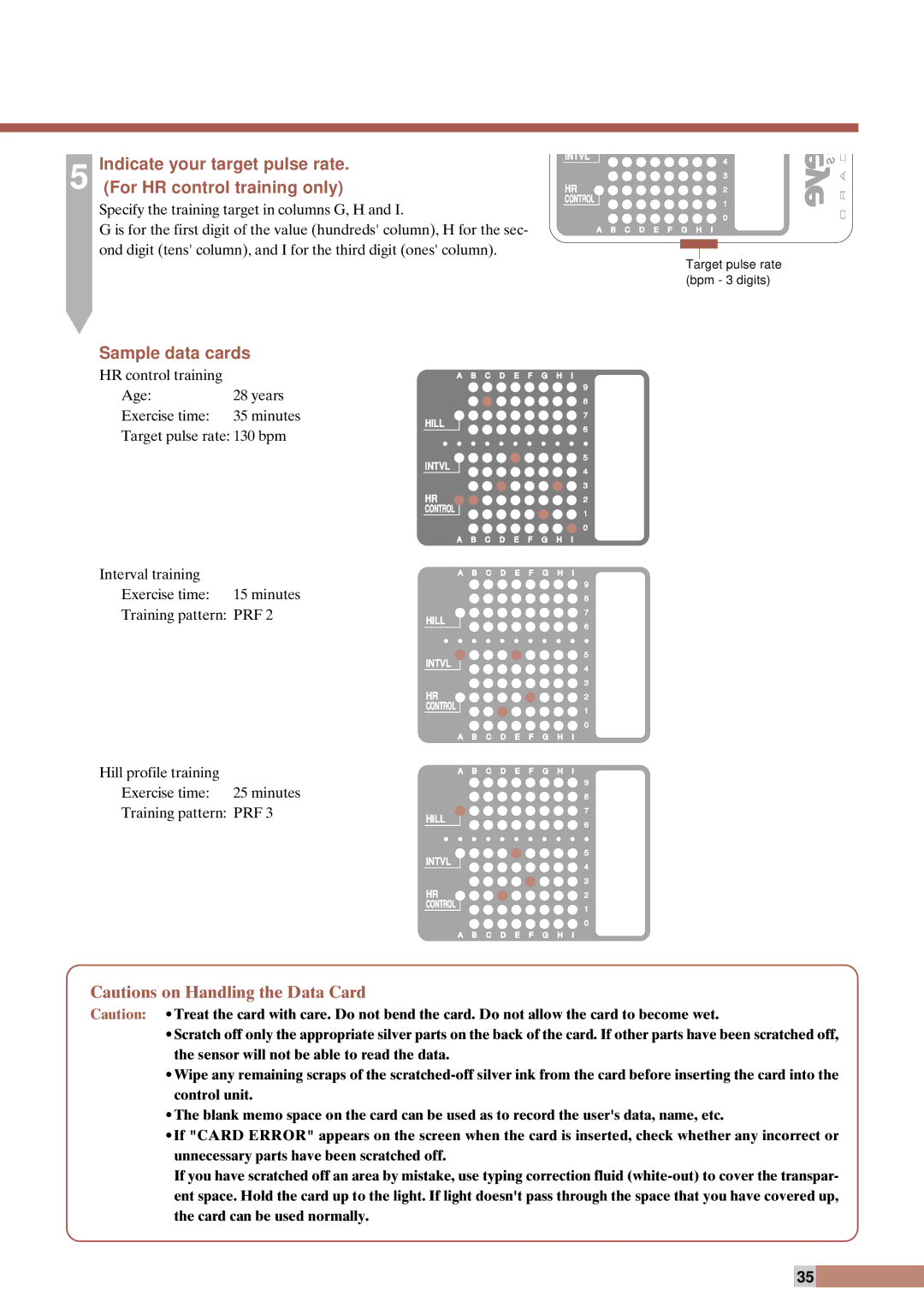 Cateye EC-T220 instruction manual For HR control training only, Sample data cards 