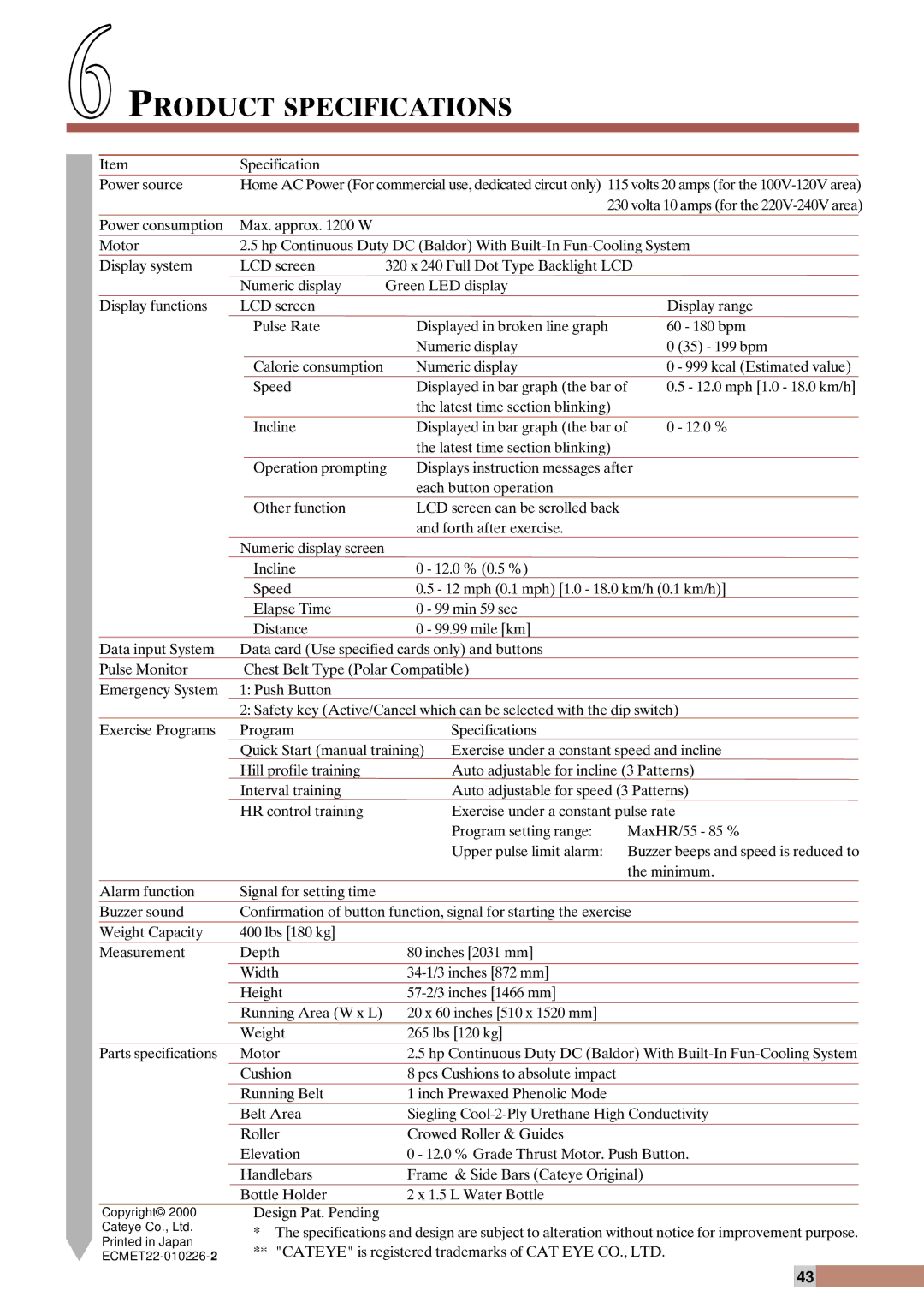 Cateye EC-T220 instruction manual Product Specifications, Specification Power source 