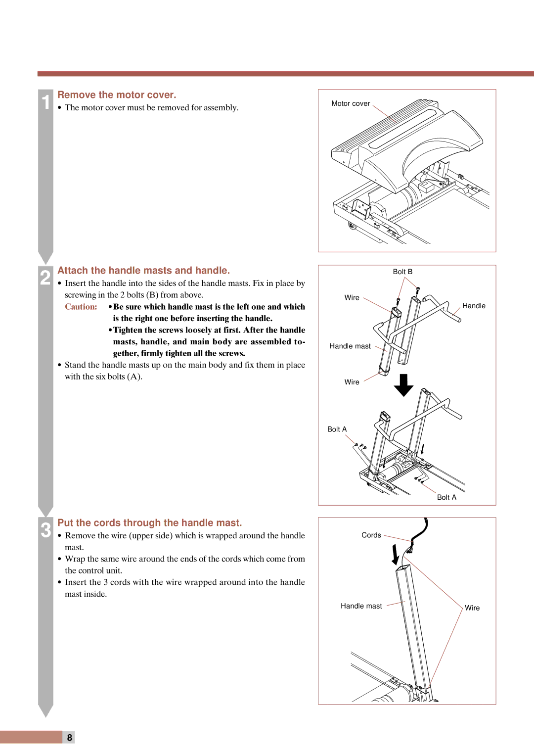 Cateye EC-T220 Remove the motor cover, Attach the handle masts and handle, Put the cords through the handle mast 