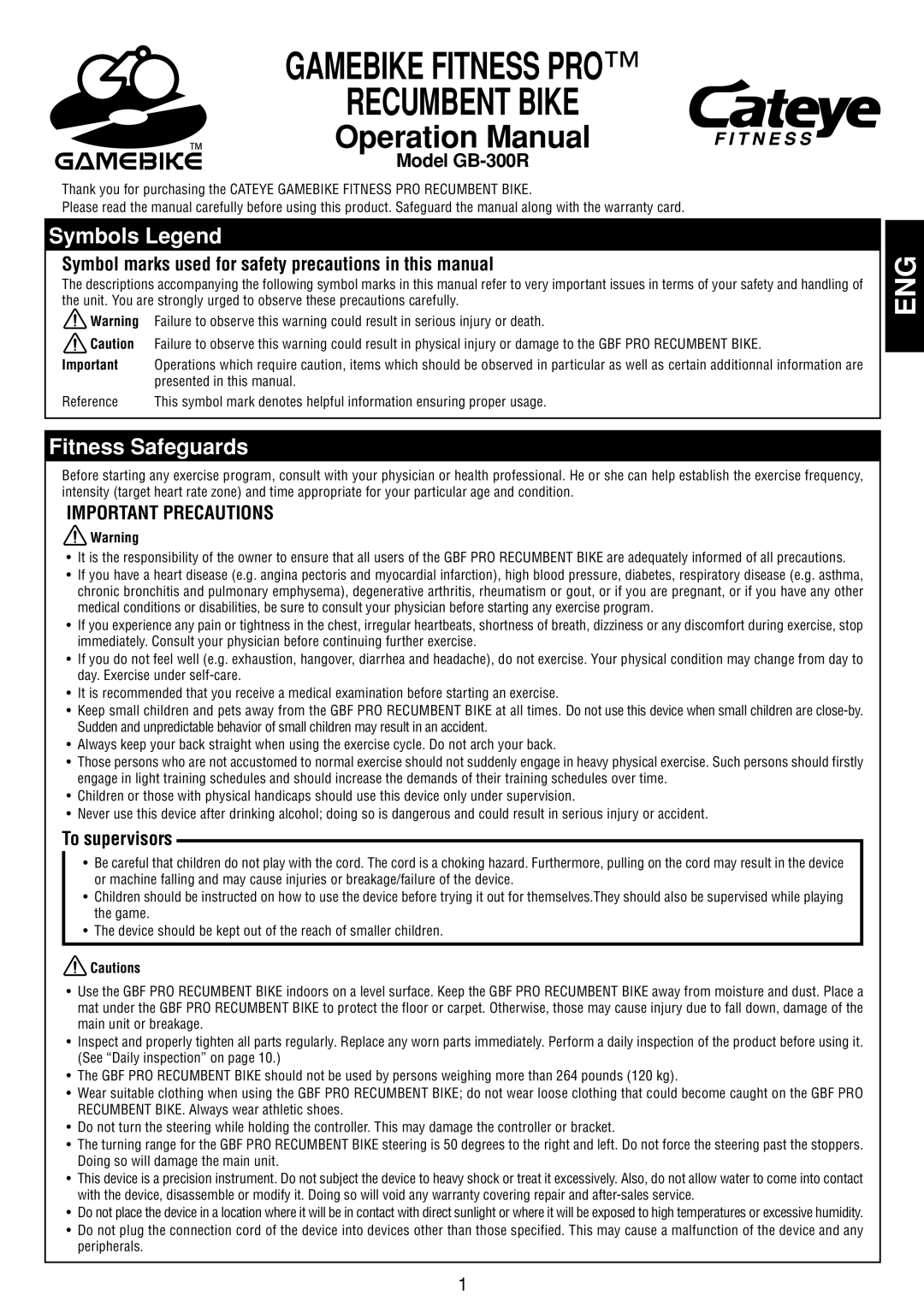 Cateye operation manual Symbols Legend, Fitness Safeguards, Model GB-300R, To supervisors 