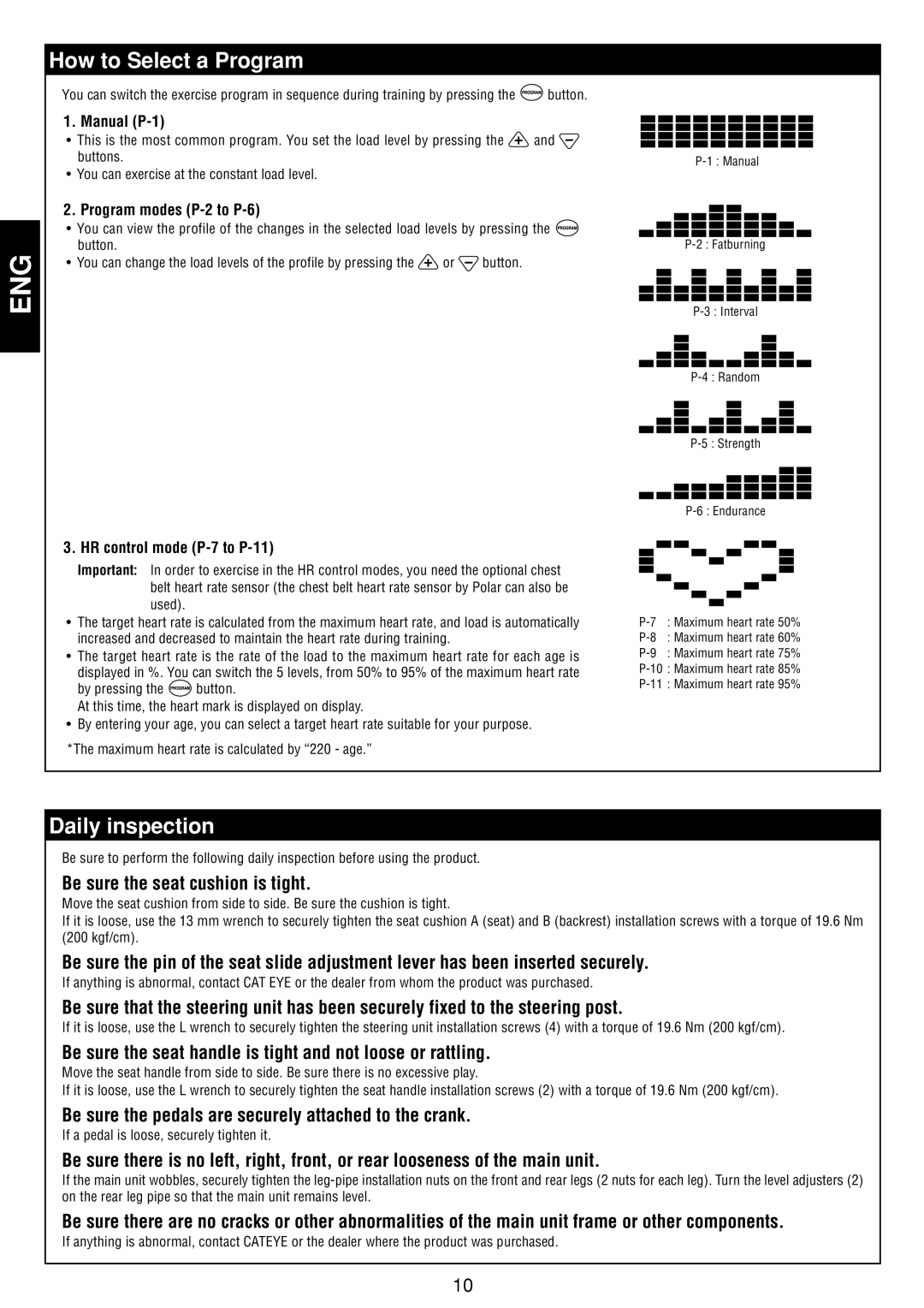 Cateye GB-300R operation manual How to Select a Program, Daily inspection, Be sure the seat cushion is tight 