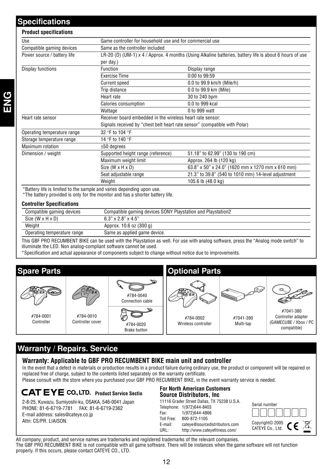 Cateye GB-300R operation manual Specifications, Spare Parts, Optional Parts, Warranty / Repairs. Service 