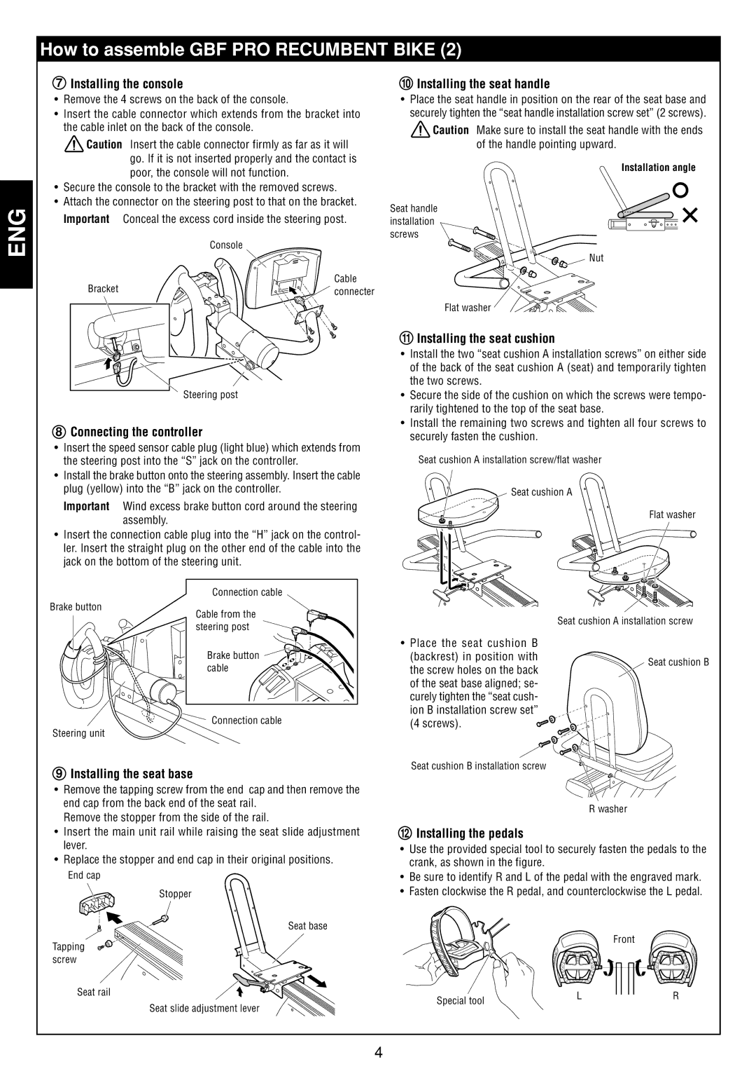 Cateye GB-300R Installing the console, Connecting the controller, Installing the seat handle, Installing the seat cushion 