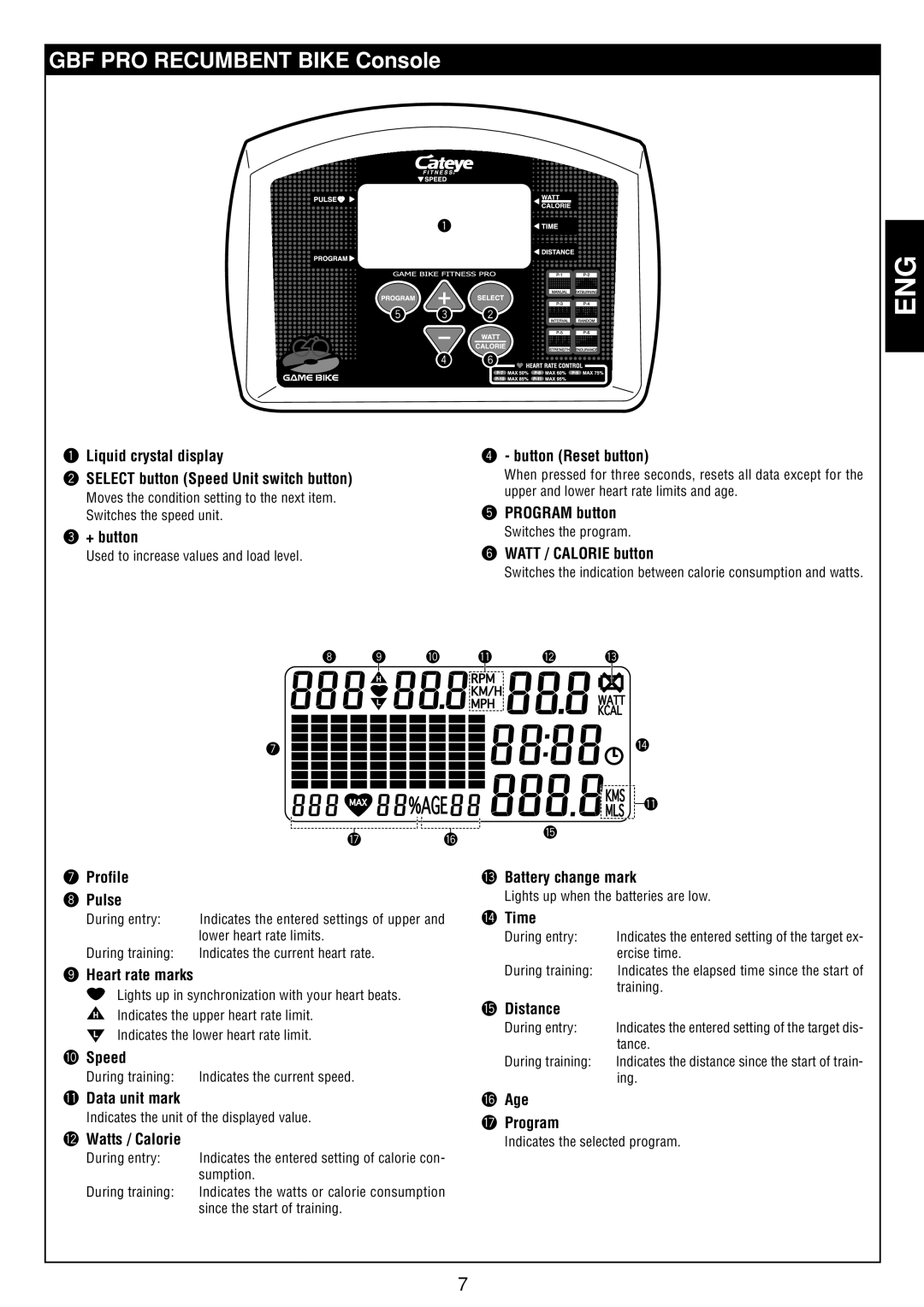 Cateye GB-300R operation manual GBF PRO Recumbent Bike Console 