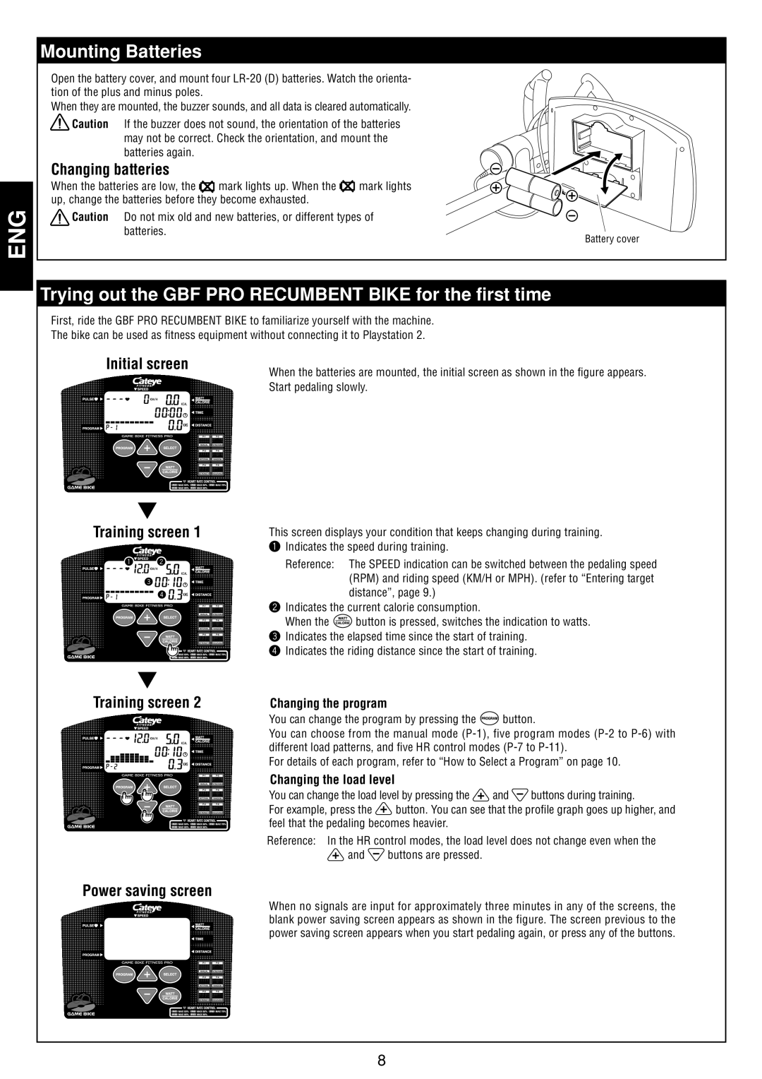 Cateye GB-300R operation manual Mounting Batteries, Trying out the GBF PRO Recumbent Bike for the first time 