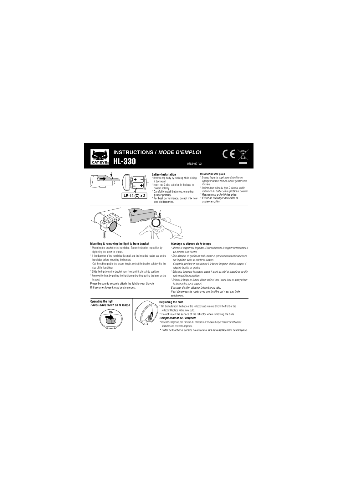 Cateye HL-330 manual Instructions / Mode Demploi, + - - +, LR-14C, Battery Installation, Installation des piles 