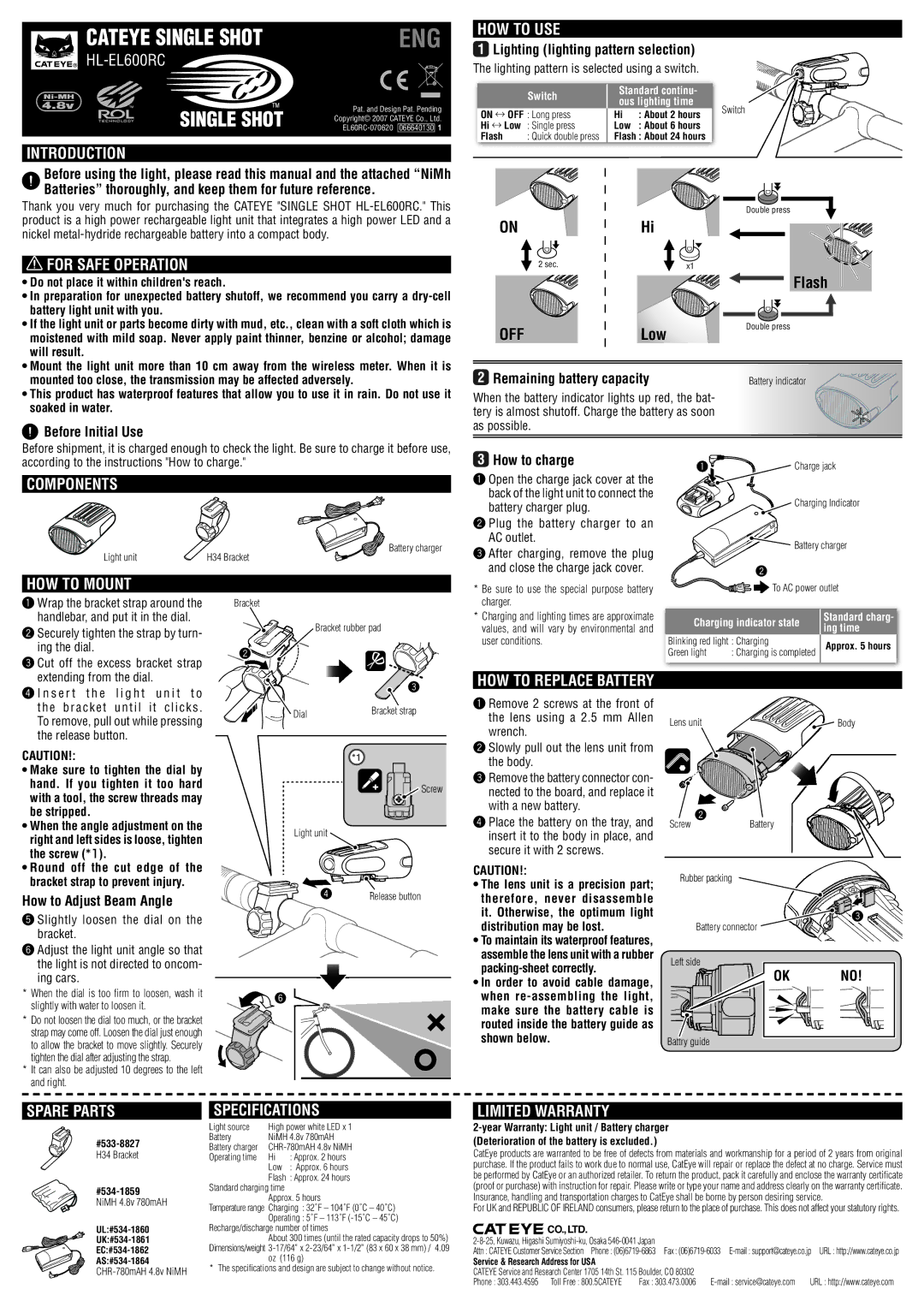 Cateye HL-EL600RC specifications Introduction, For Safe Operation, HOW to USE, Components, HOW to Mount, Spare Parts 