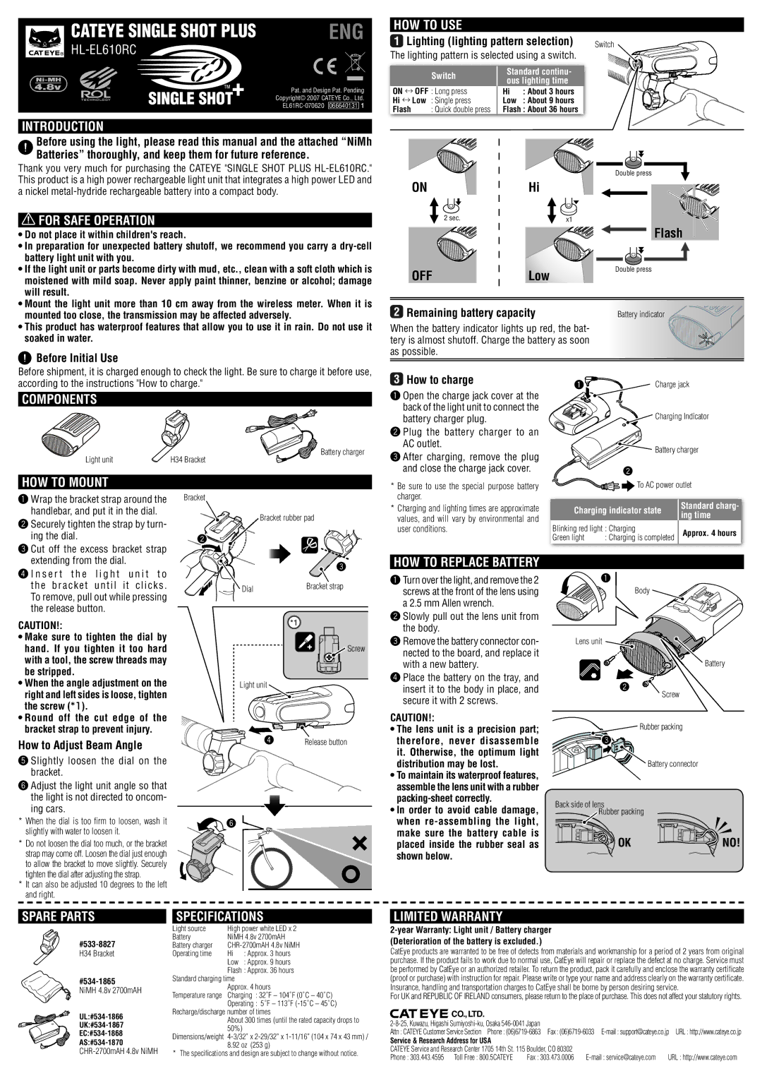 Cateye HL-EL610RC specifications Introduction, For Safe Operation, HOW to USE, Components, HOW to Mount, Spare Parts 