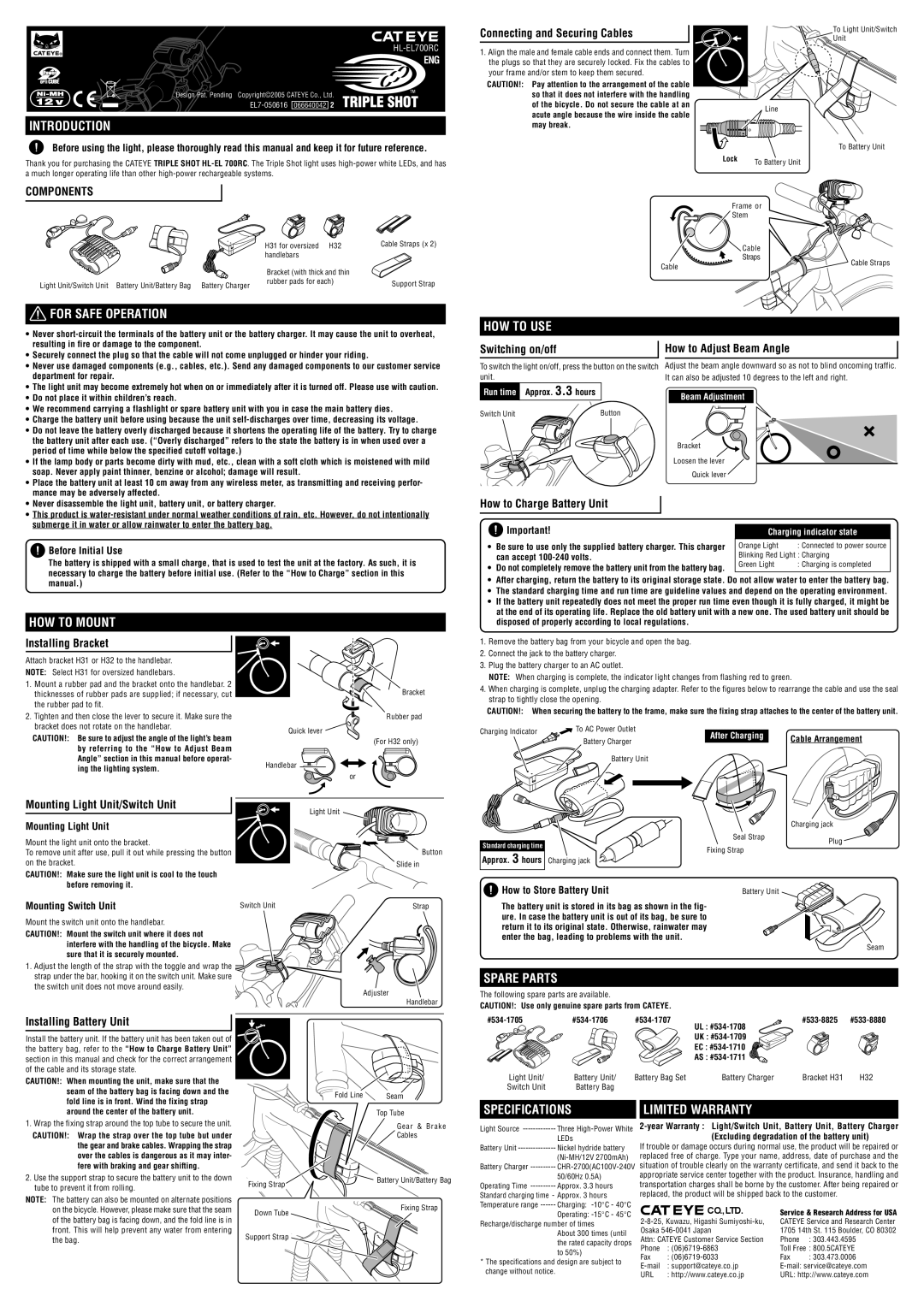 Cateye HL-EL700RC specifications Introduction, For Safe Operation, HOW to Mount HOW to USE, Spare Parts, Limited Warranty 