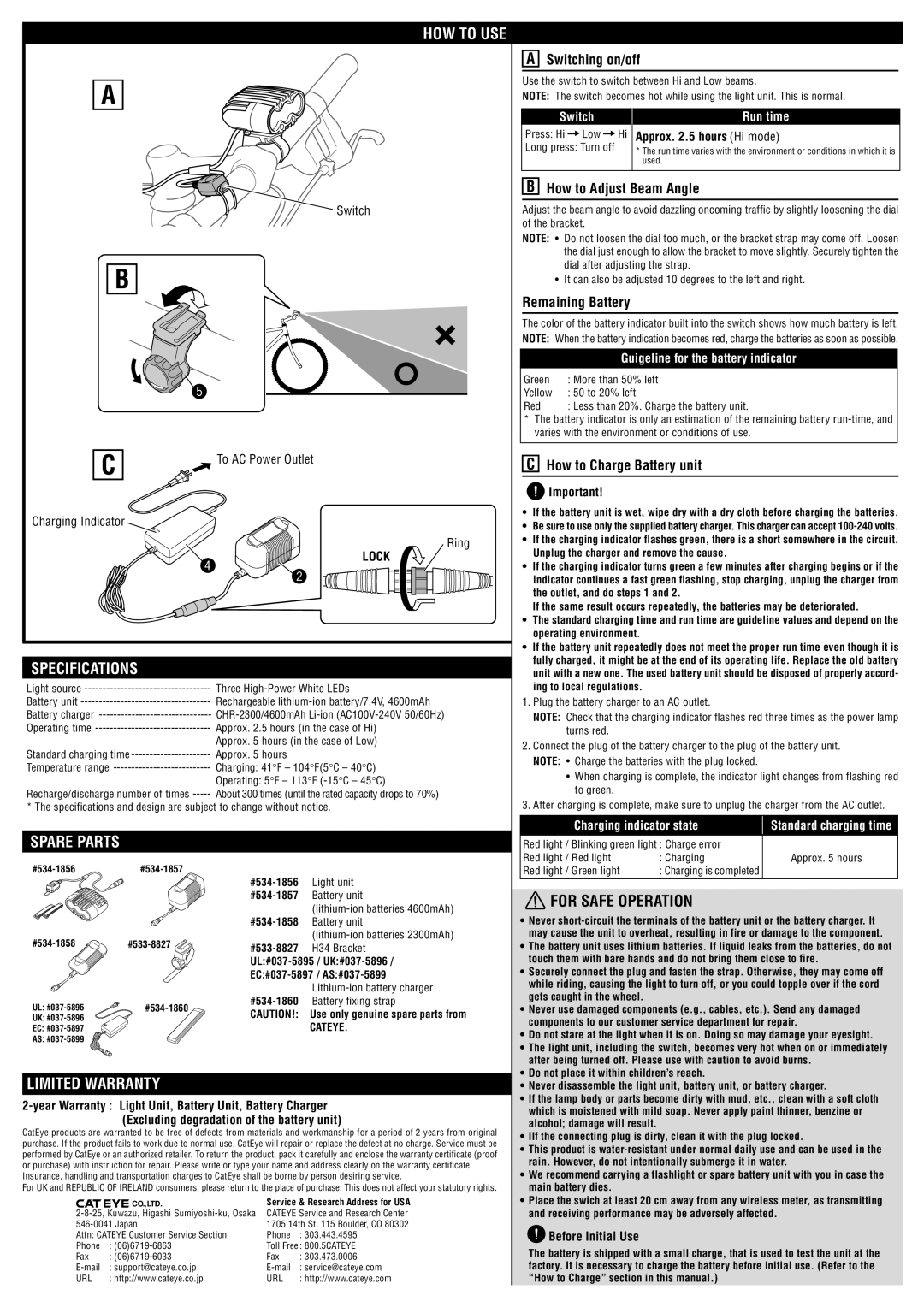 Cateye HL-EL830RC instruction manual Specifications, Spare Parts, Limited Warranty 