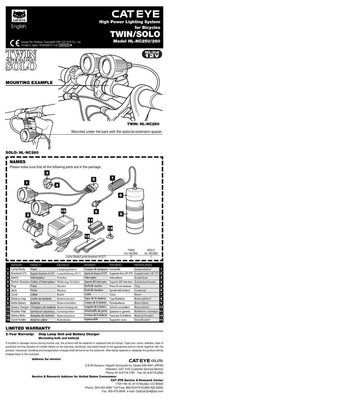 Cateye HL-NC250, HL-NC260 warranty Mounting Example, Names, Limited Warranty 