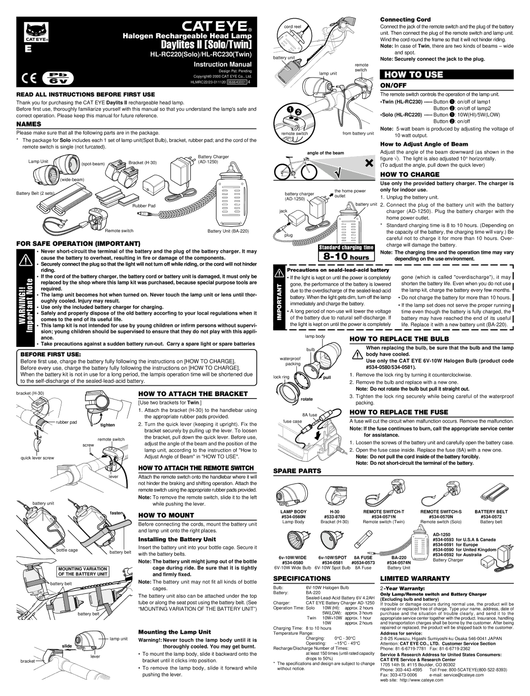 Cateye HL-RC220 specifications Names, For Safe Operation Important, HOW to Charge, HOW to Replace the Bulb, Spare Parts 